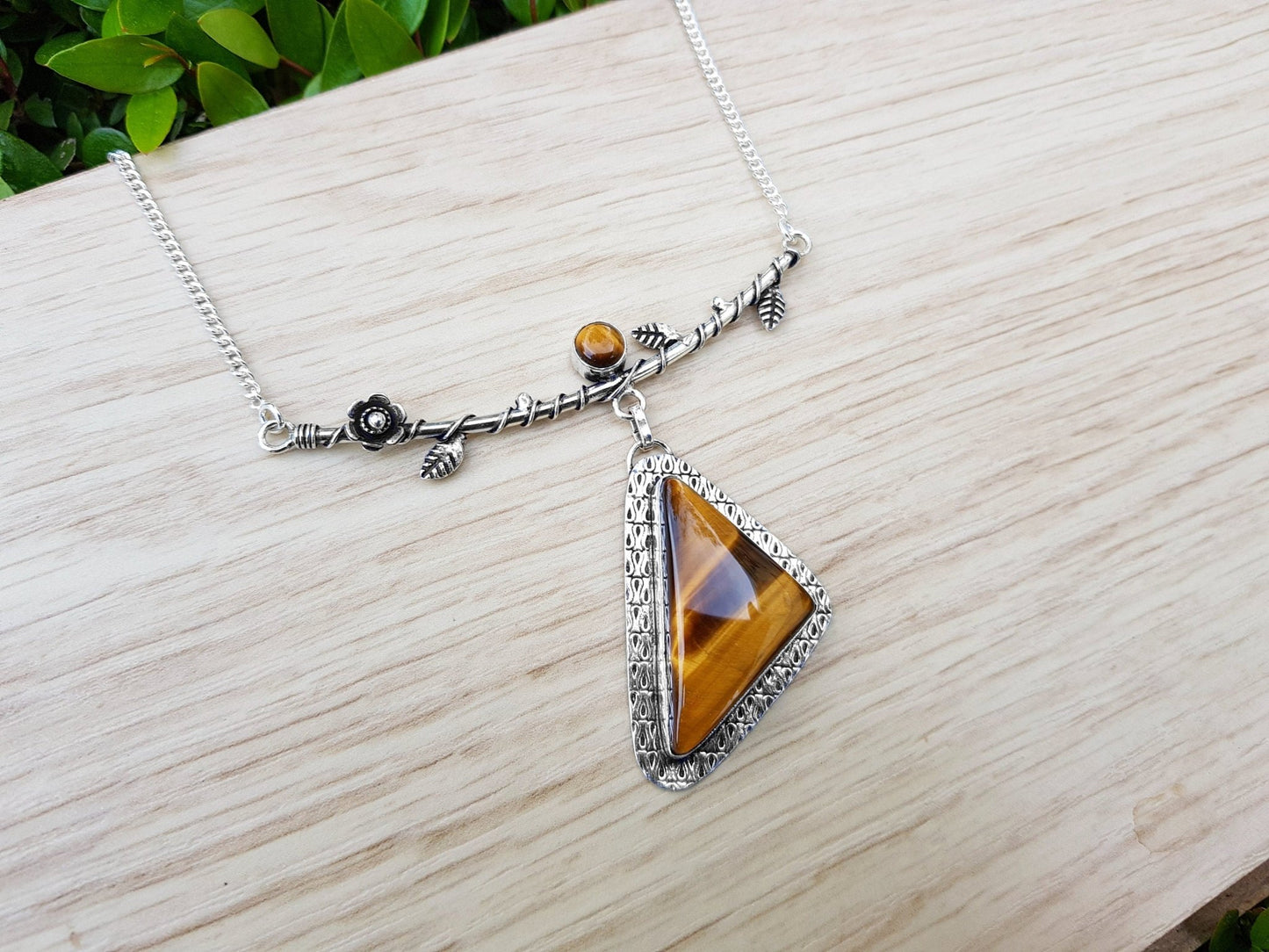 Tiger Eye Statement Necklace In Sterling Silver Twisted Vine Necklace - LunarGem -