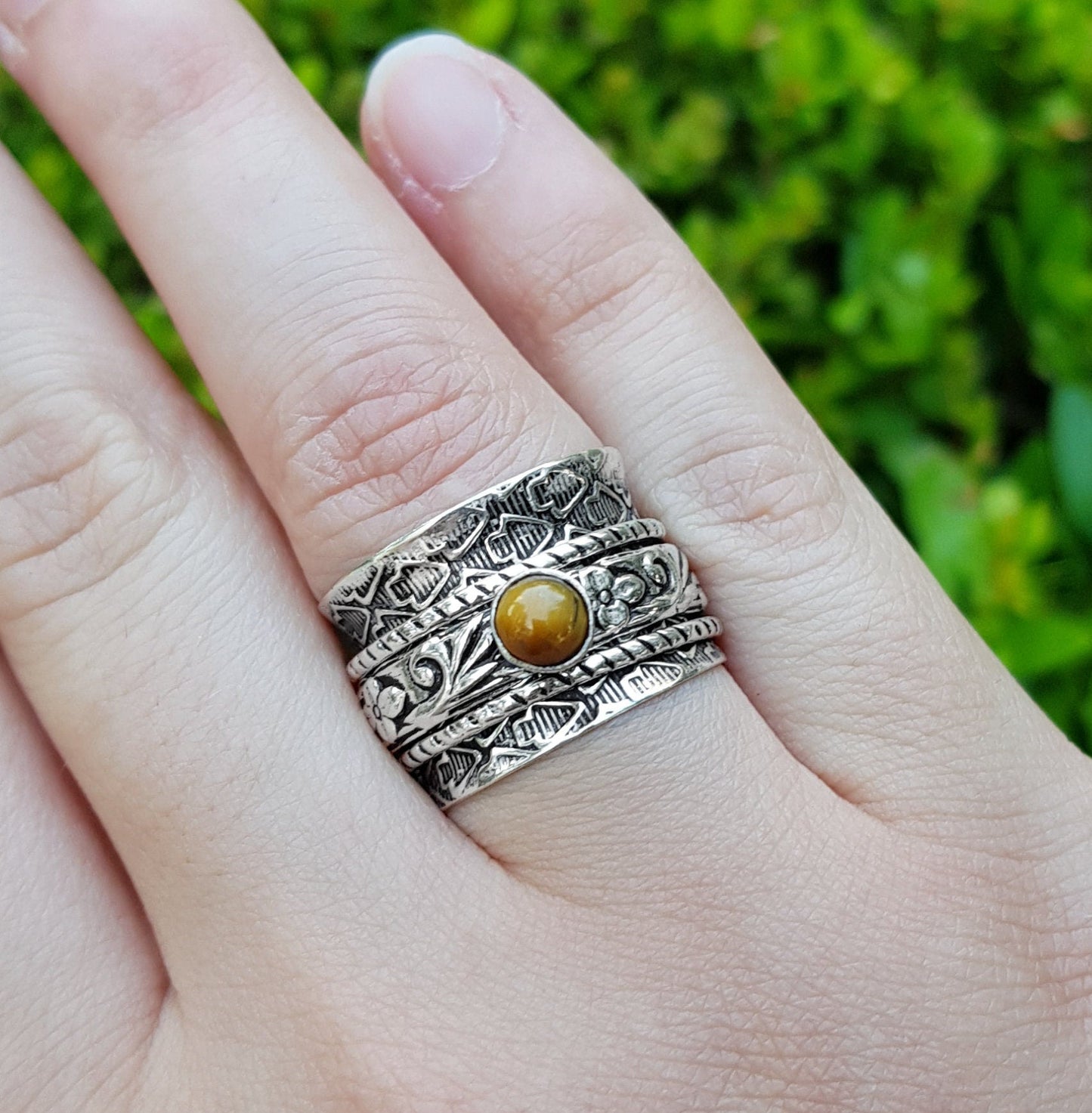 Tiger's Eye Sterling Silver Spinner Ring - US Size 7 1/2 - LunarGem - Rings