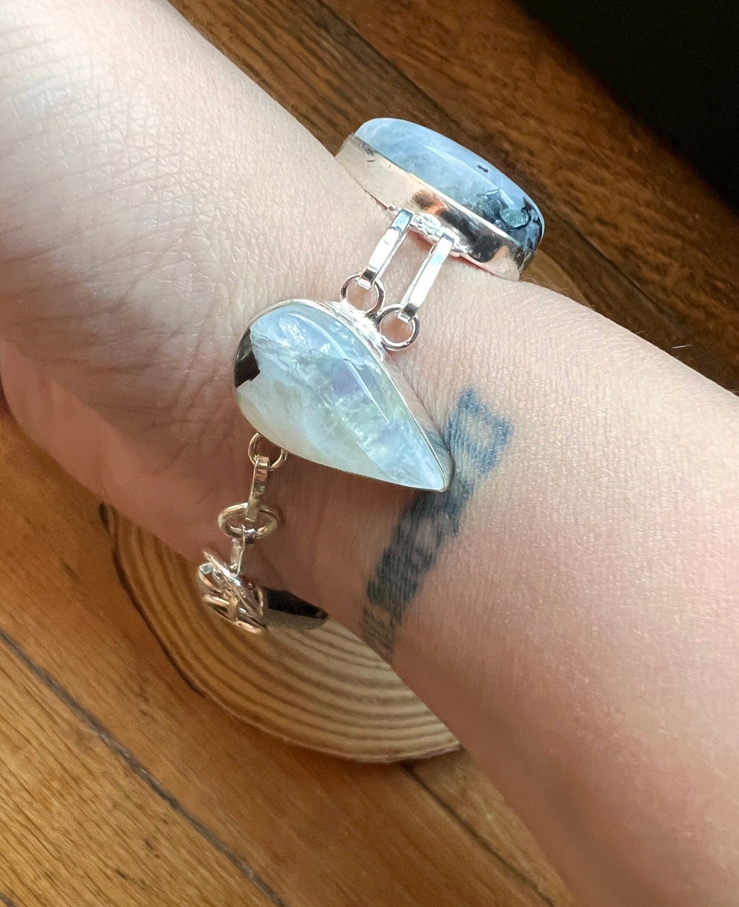 White Moonstone Sterling Silver Bracelet - Adjustable Boho Cuff - LunarGem -