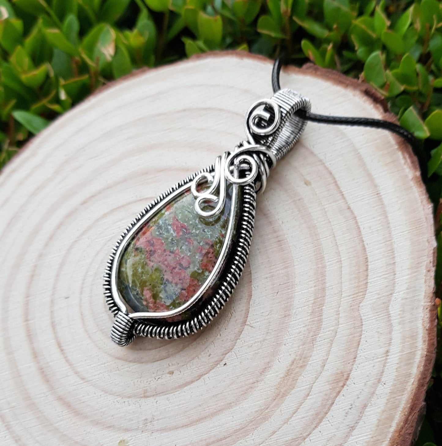 Wire Wrapped Unakite Jasper Sterling Silver Pendant Necklace: Handmade Boho Jewelry - LunarGem - Necklaces