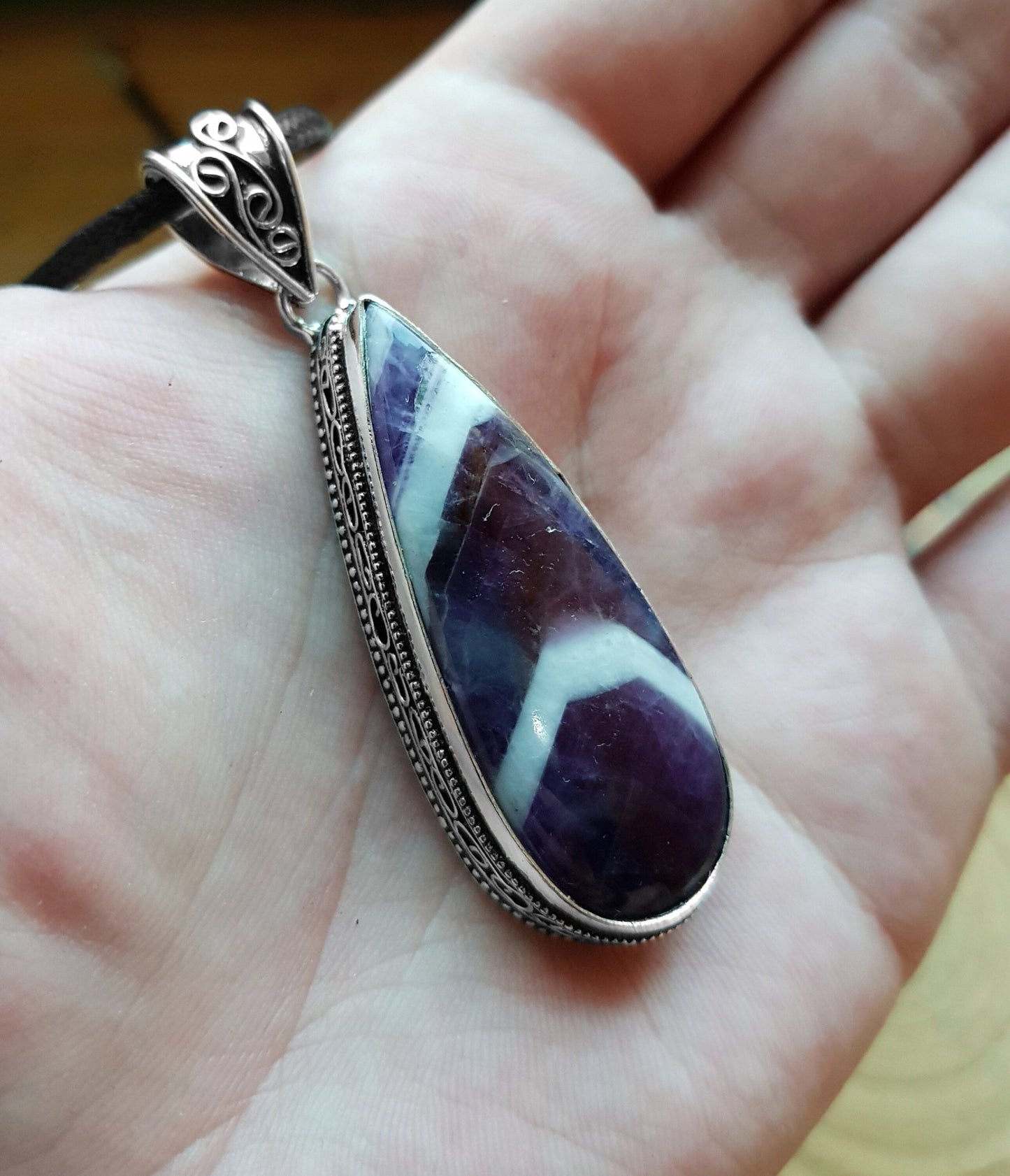 Big Amethyst Statement Pendant Sterling Silver Crystal Necklace Boho Necklace Teardrop Pendant GypsyJewelry Unique Gift - LunarGem -