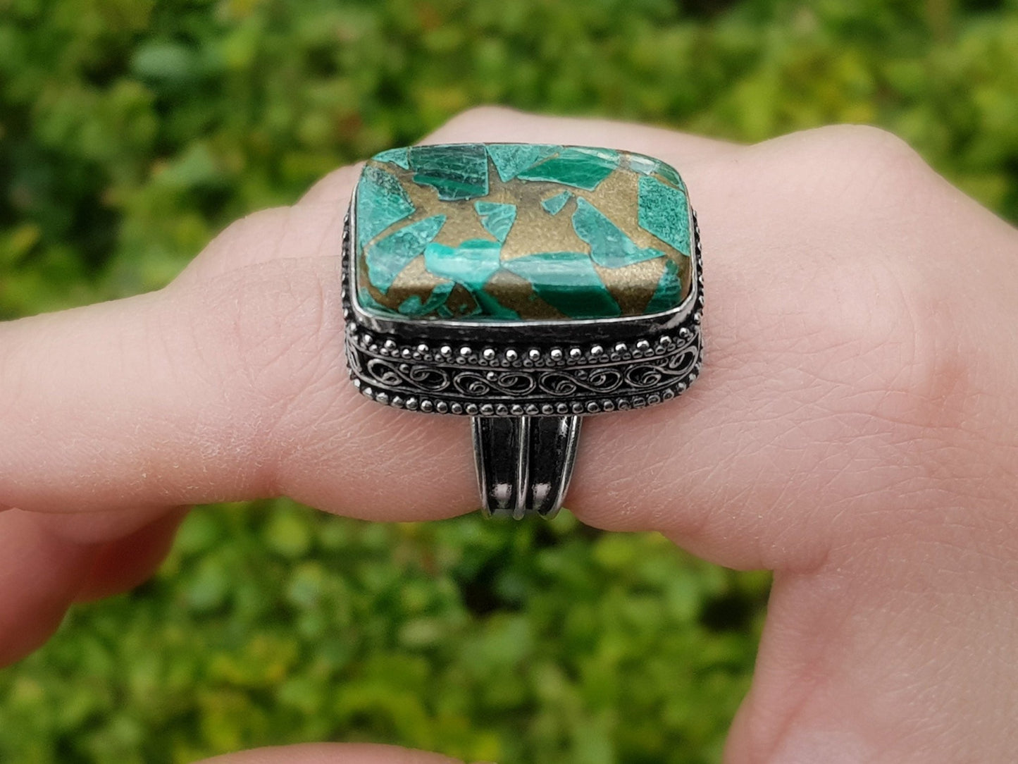 Copper Malachite Gemstone Ring Size US 7 1/4 Boho Statement Ring Gypsy Jewelry Green Gem Ring Unique Gift - LunarGem - Rings