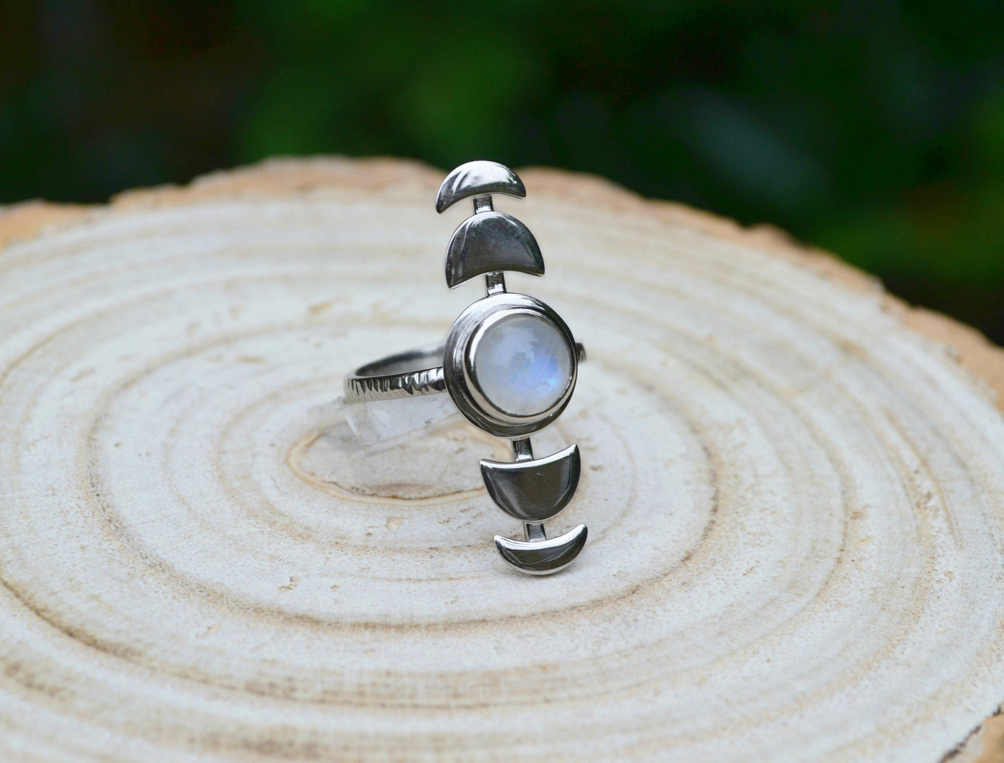 Moon Phases Ring, Moon Ring, Fine Sterling Silver Rainbow Moonstone Ring, Adjustable Ring, Celestial Jewelry, Boho Rings, Unique Gift