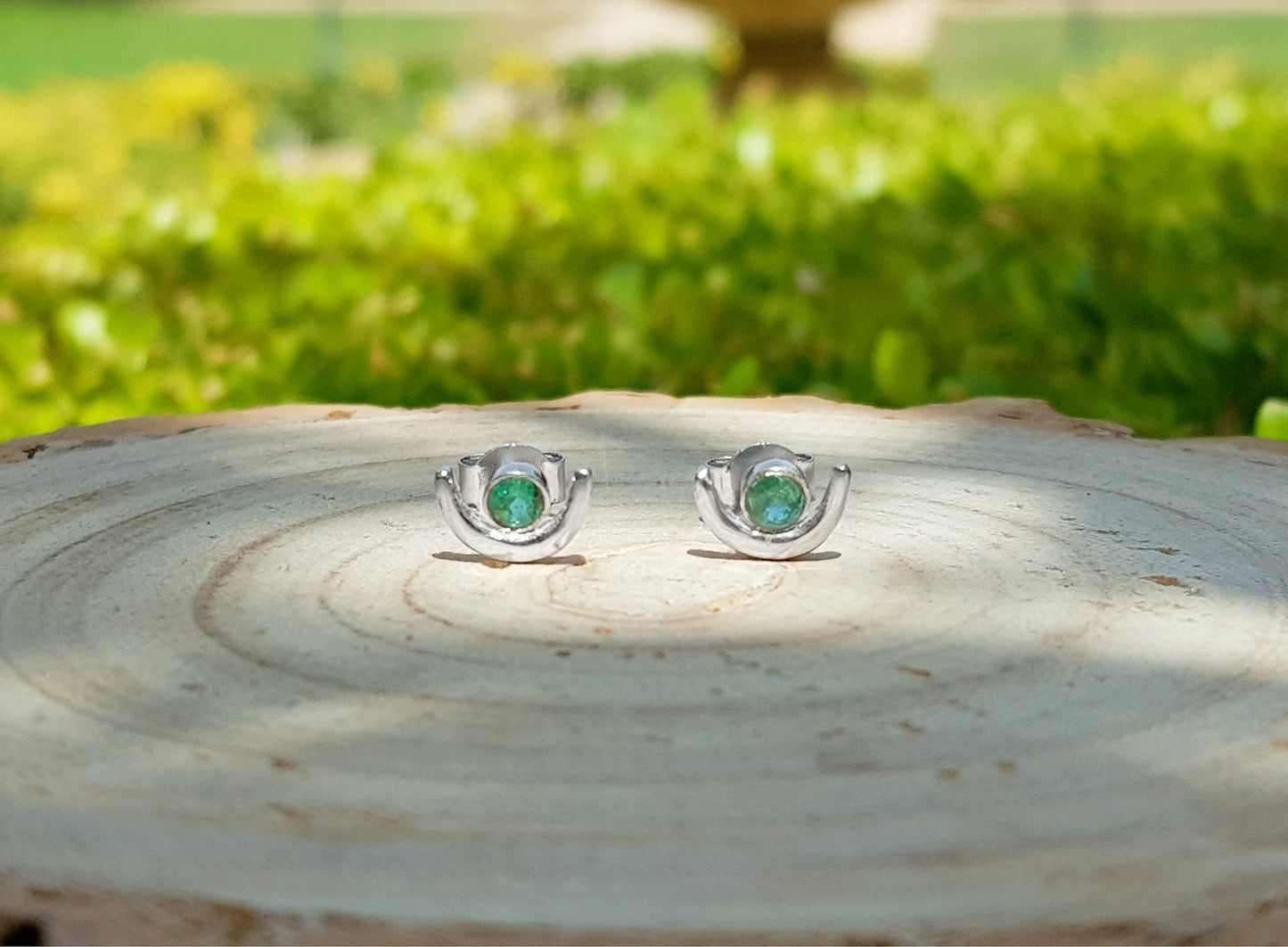 Green Tourmaline Stud Earrings October Birthstone Earrings Sterling Silver Minimal Earrings Unique Birthday Gift Crescent Moon Earrings