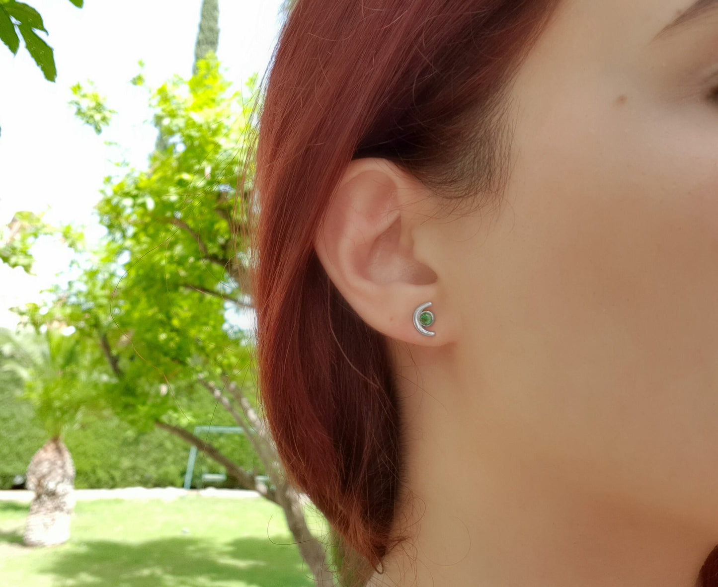 Green Tourmaline Stud Earrings October Birthstone Earrings Sterling Silver Minimal Earrings Unique Birthday Gift Crescent Moon Earrings