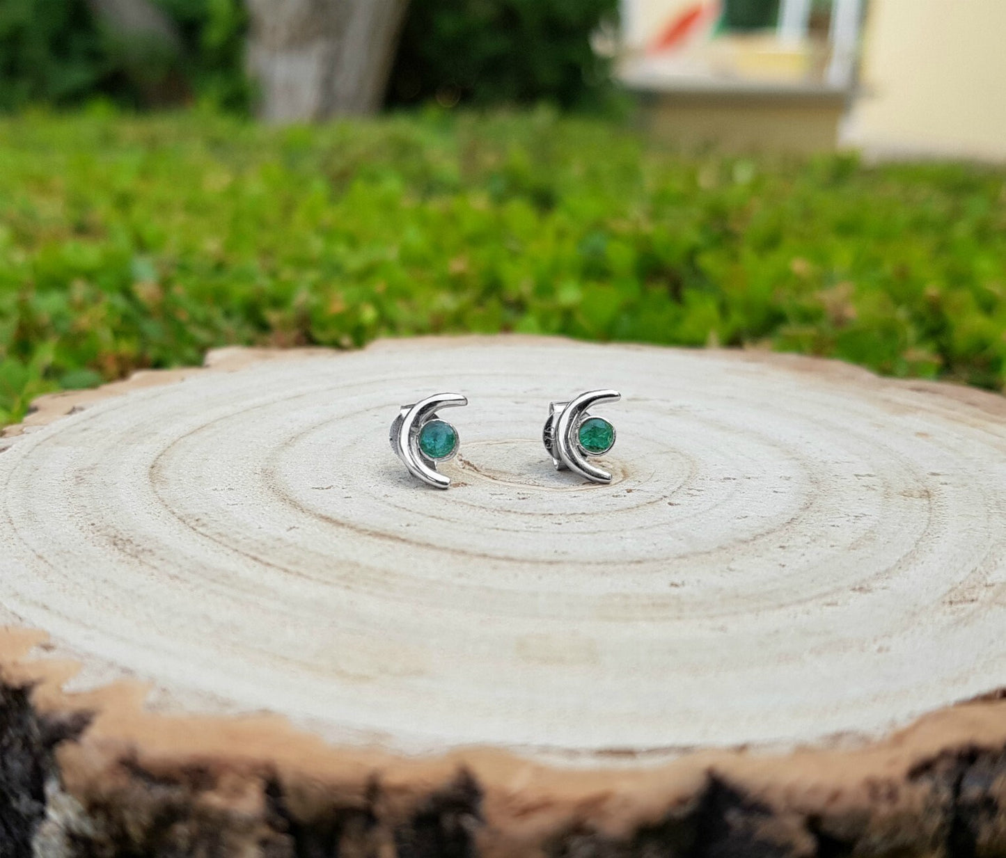 Green Tourmaline Stud Earrings October Birthstone Earrings Sterling Silver Minimal Earrings Unique Birthday Gift Crescent Moon Earrings