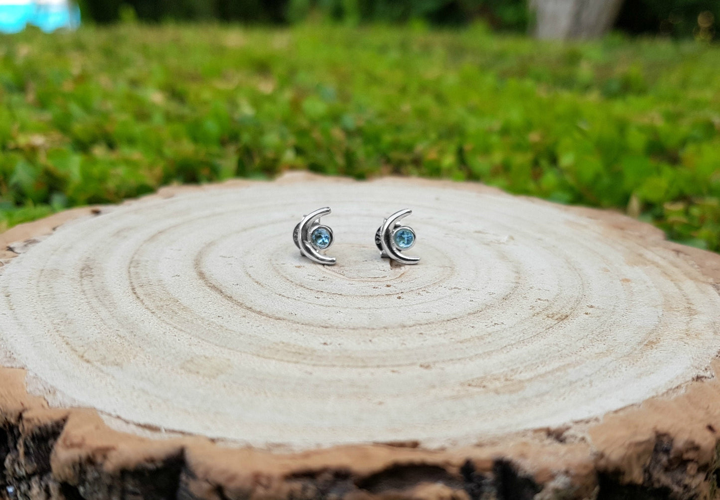 Blue Topaz Birthstone Earrings December Birthstone Earrings Crescent Moon Stud Earrings Sterling Silver Stud Earrings Everyday Earrings