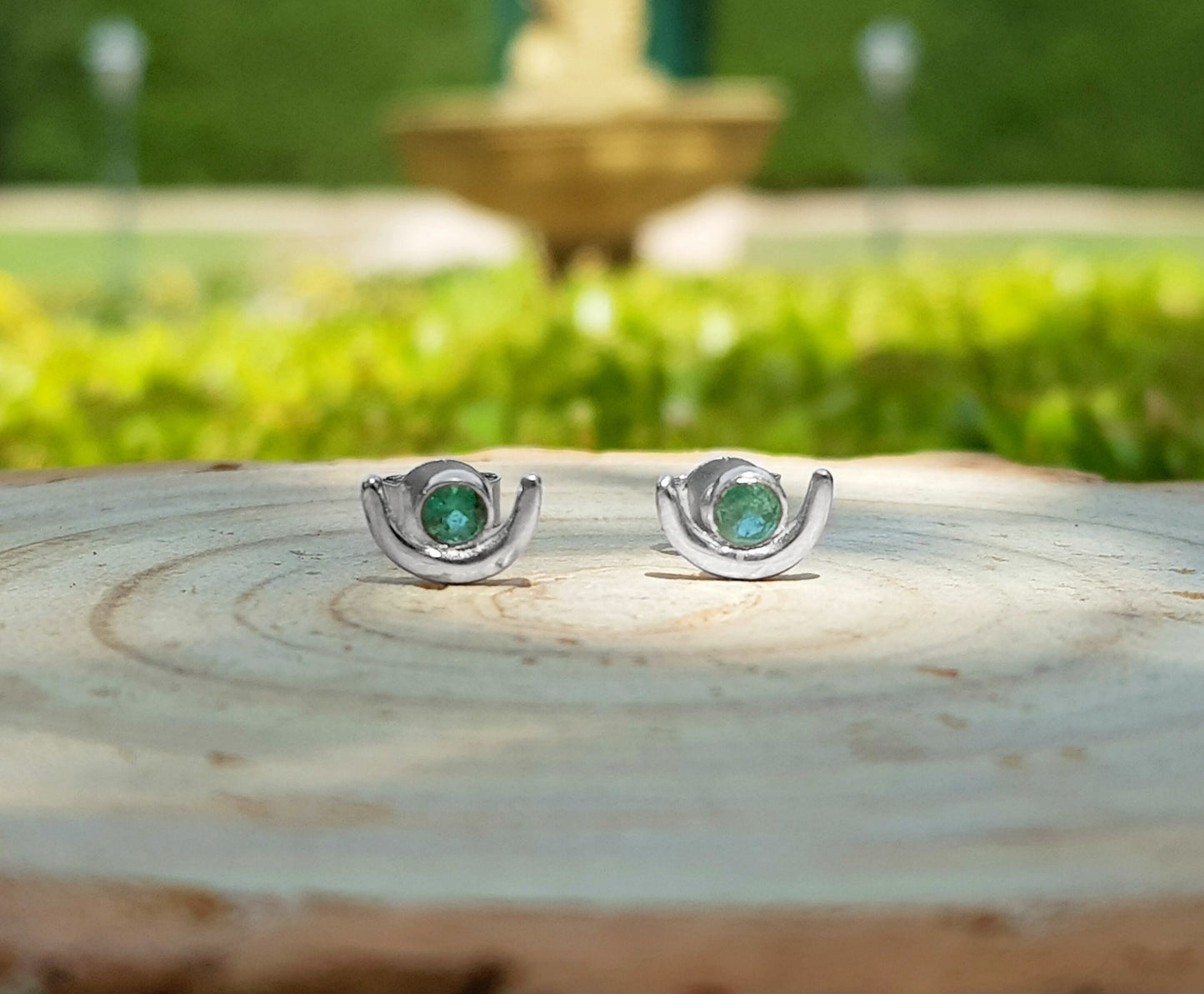 Green Tourmaline Stud Earrings October Birthstone Earrings Sterling Silver Minimal Earrings Unique Birthday Gift Crescent Moon Earrings