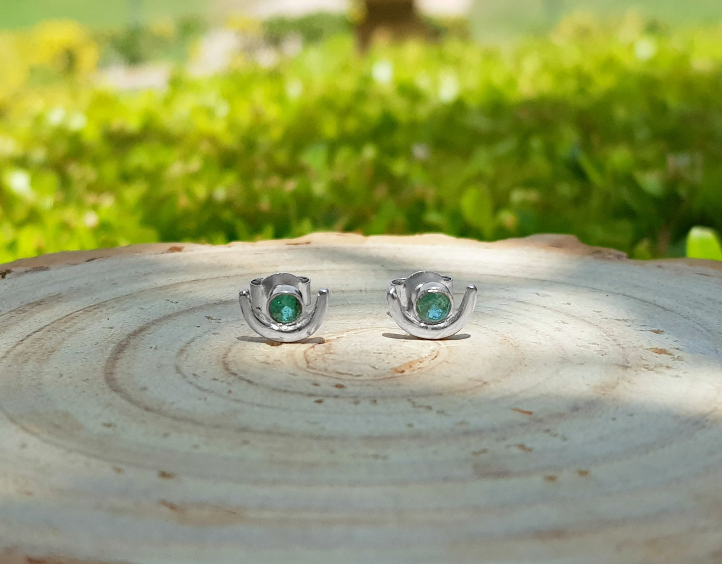 Green Tourmaline Stud Earrings October Birthstone Earrings Sterling Silver Minimal Earrings Unique Birthday Gift Crescent Moon Earrings