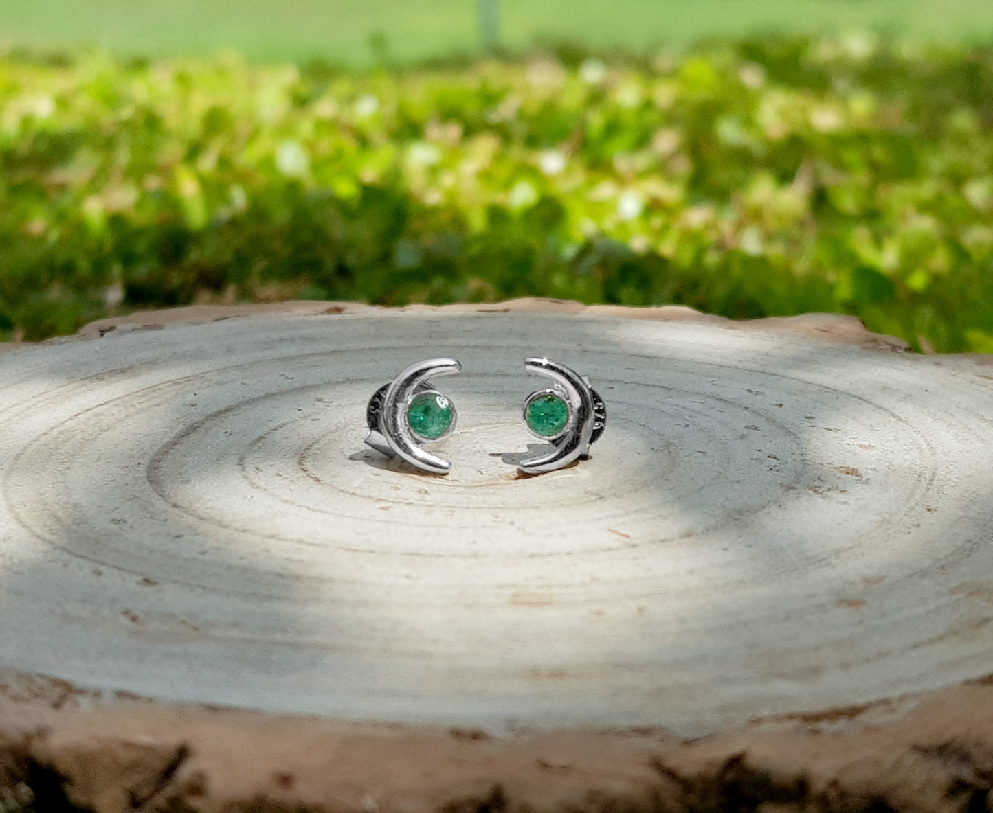 Green Tourmaline Stud Earrings October Birthstone Earrings Sterling Silver Minimal Earrings Unique Birthday Gift Crescent Moon Earrings