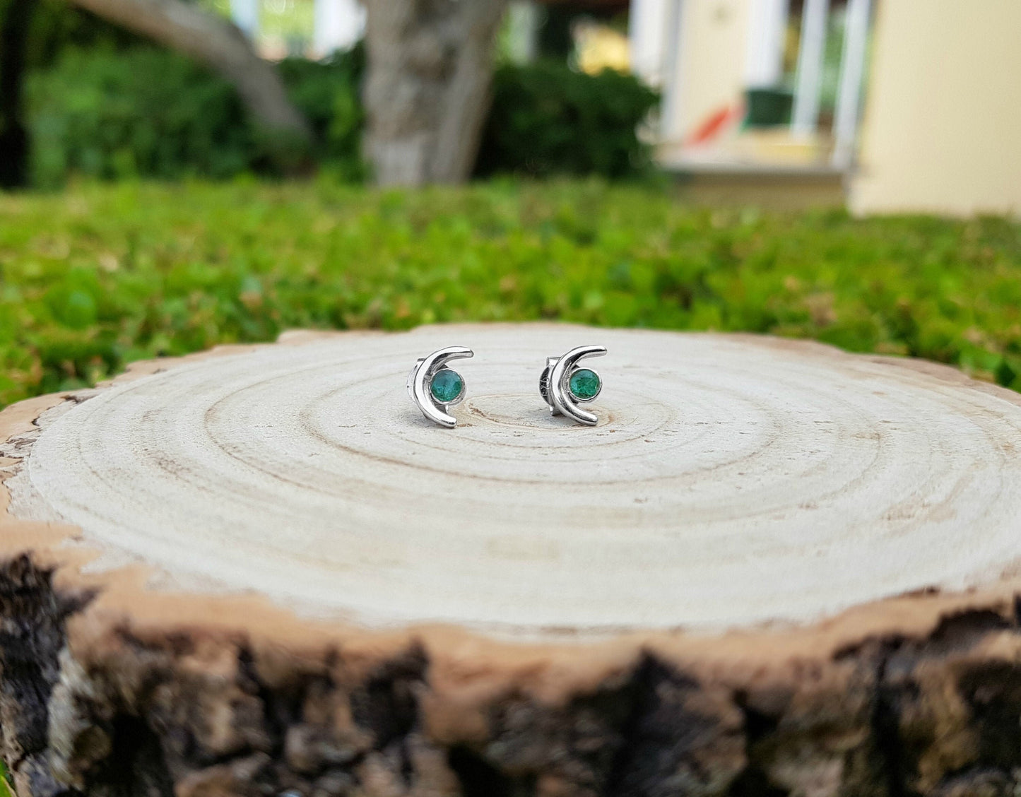 Green Tourmaline Stud Earrings October Birthstone Earrings Sterling Silver Minimal Earrings Unique Birthday Gift Crescent Moon Earrings