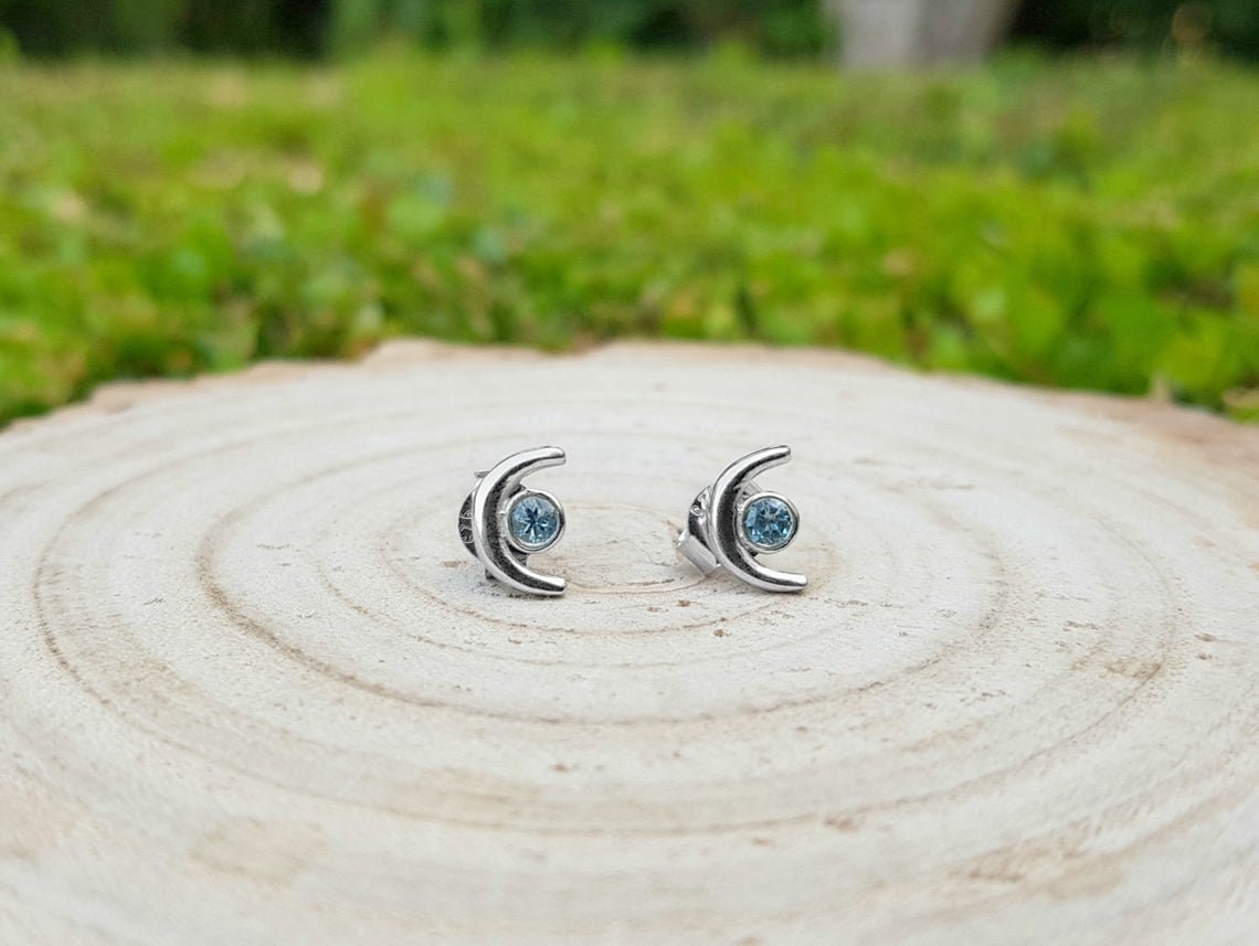Blue Topaz Birthstone Earrings December Birthstone Earrings Crescent Moon Stud Earrings Sterling Silver Stud Earrings Everyday Earrings