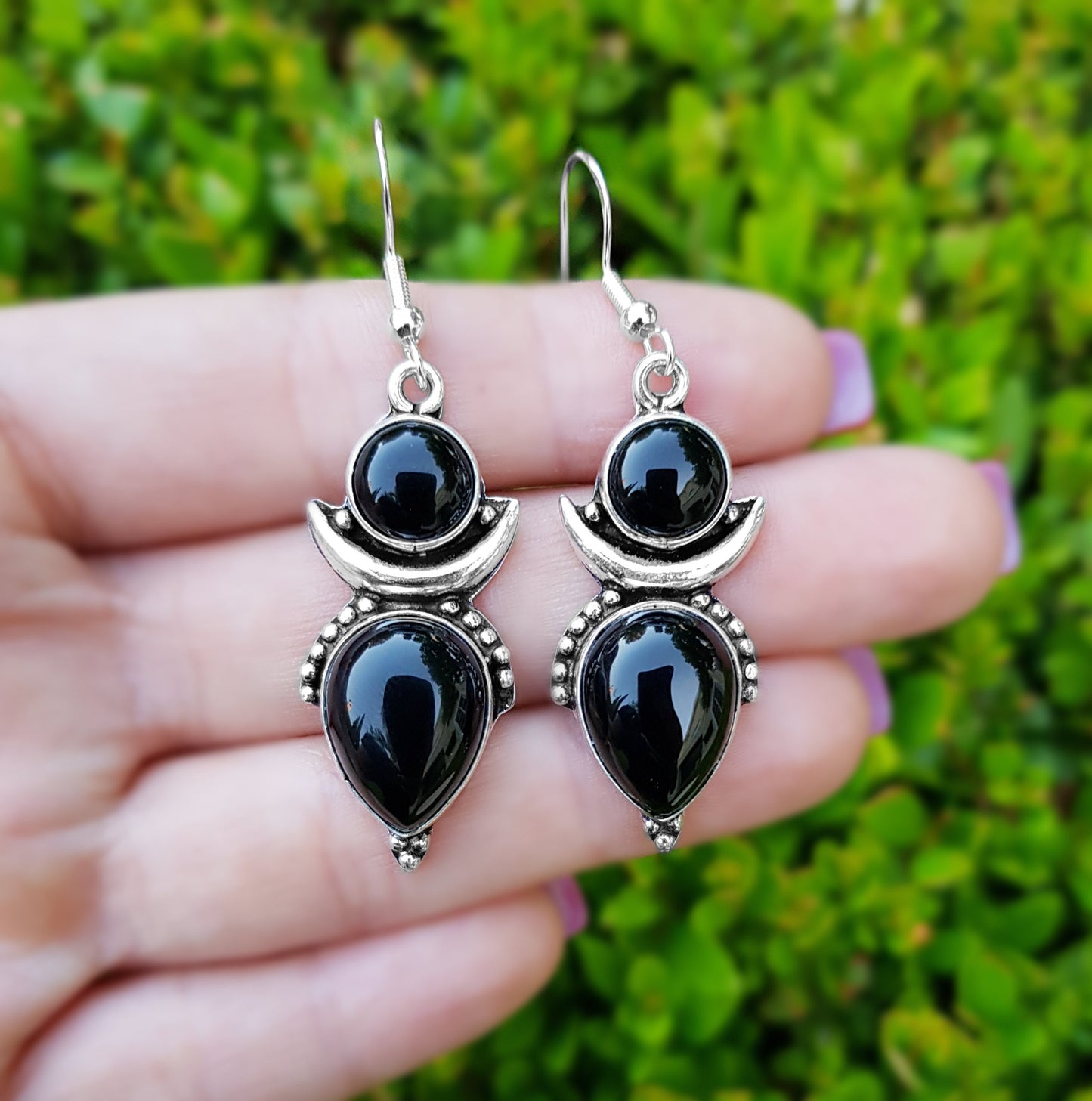 Black Onyx Crescent Moon Earrings In Sterling Silver Dangle Statement Earrings Boho Ethnic Earrings Gem Stone Earrings GypsyJewelry