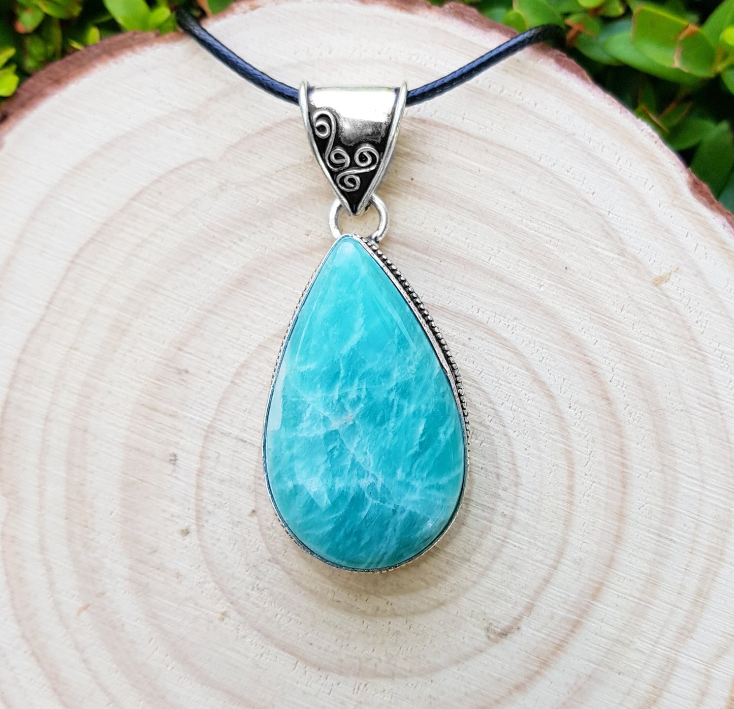Natural Amazonite Teardrop Pendant In Sterling Silver Oval Statement Necklace Boho Jewelry GypsyJewelry