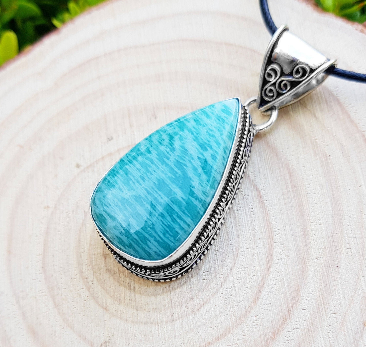 Natural Amazonite Teardrop Pendant In Sterling Silver Oval Statement Necklace Boho Jewelry GypsyJewelry