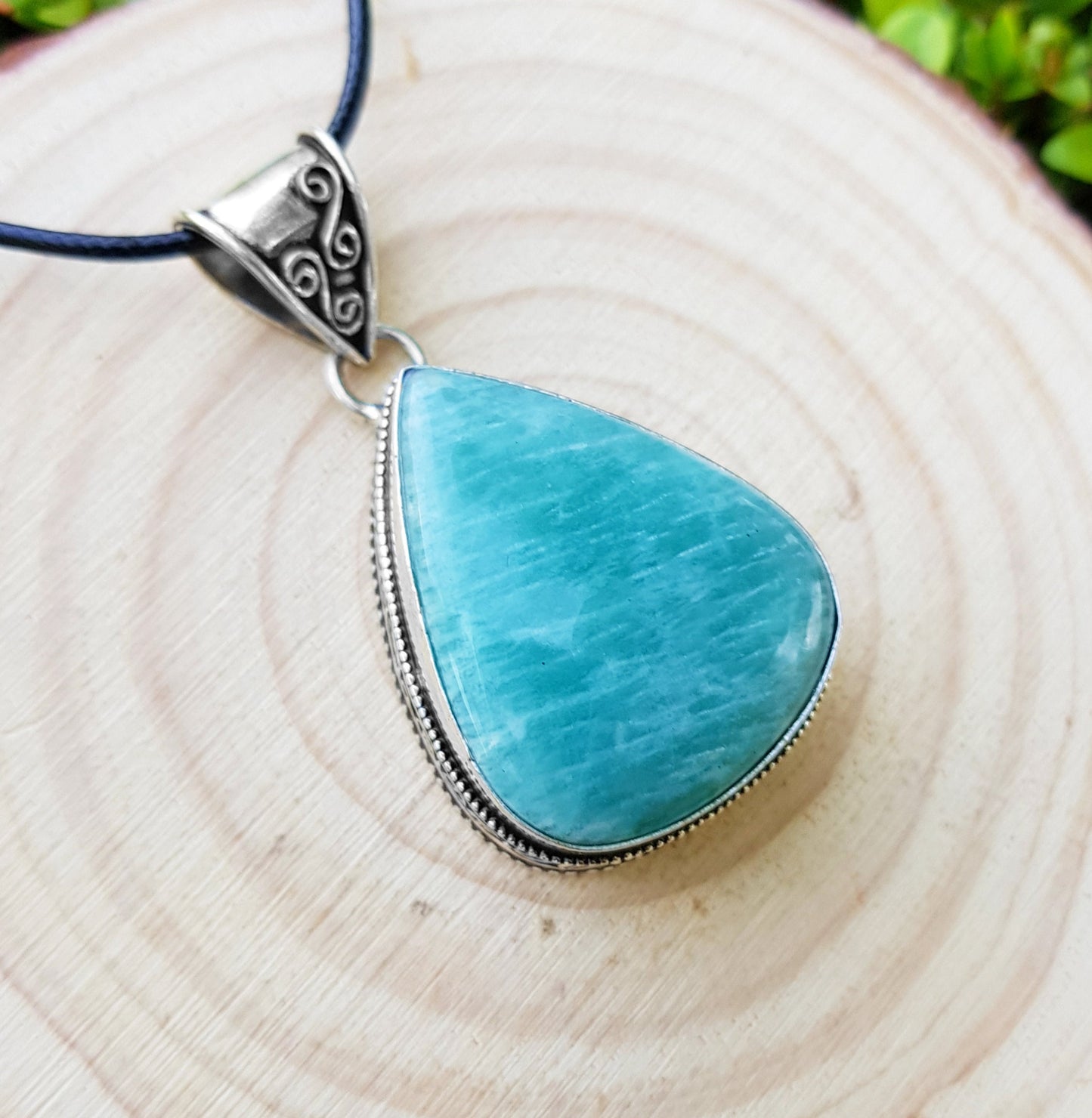 Natural Amazonite Teardrop Pendant In Sterling Silver Oval Statement Necklace Boho Jewelry GypsyJewelry