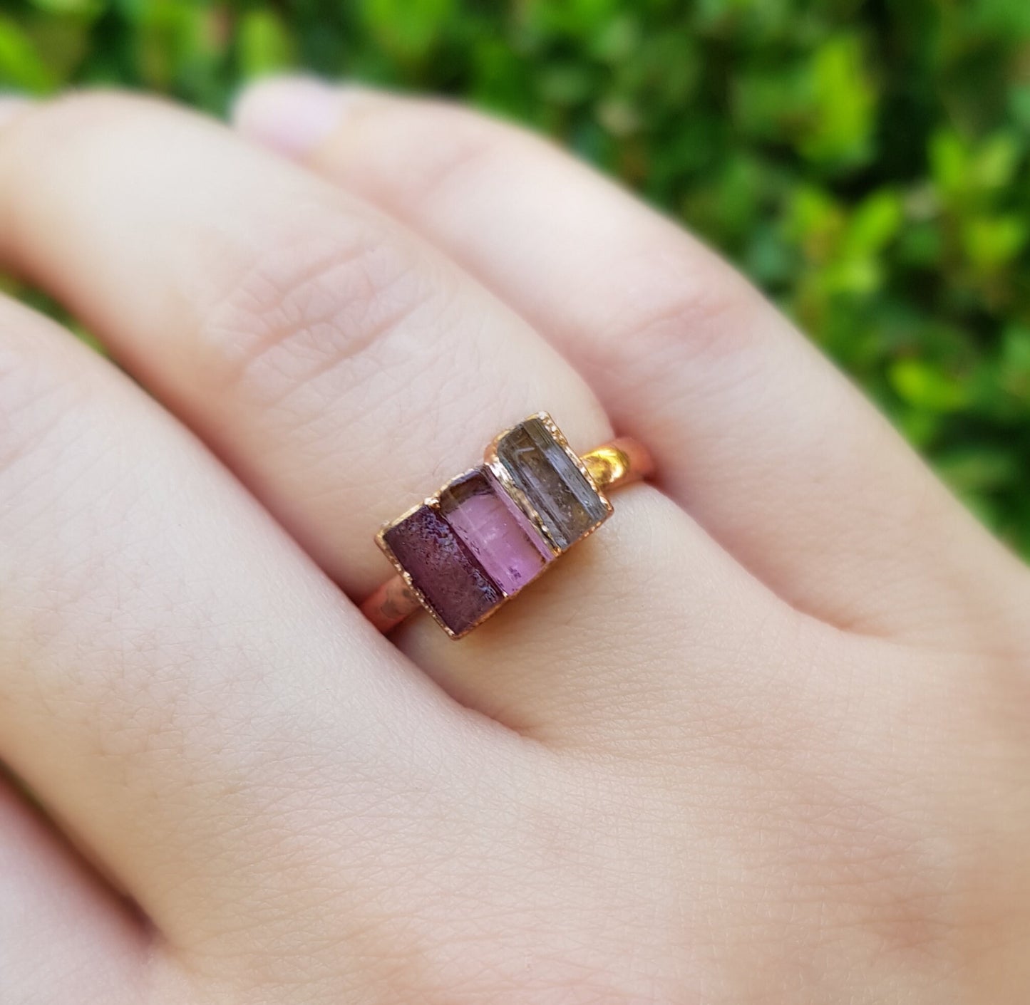 Raw Pink Tourmaline Electroformed Copper Ring Stackable Ring Size US 6 3/4 Multi Stone Stacking Rings One Of A Kind Ring Crystal Ring