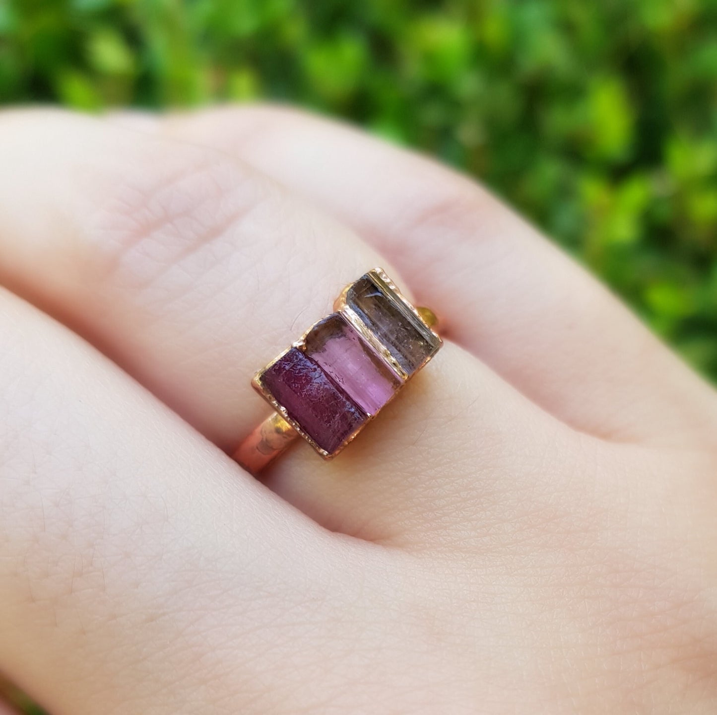 Raw Pink Tourmaline Electroformed Copper Ring Stackable Ring Size US 6 3/4 Multi Stone Stacking Rings One Of A Kind Ring Crystal Ring