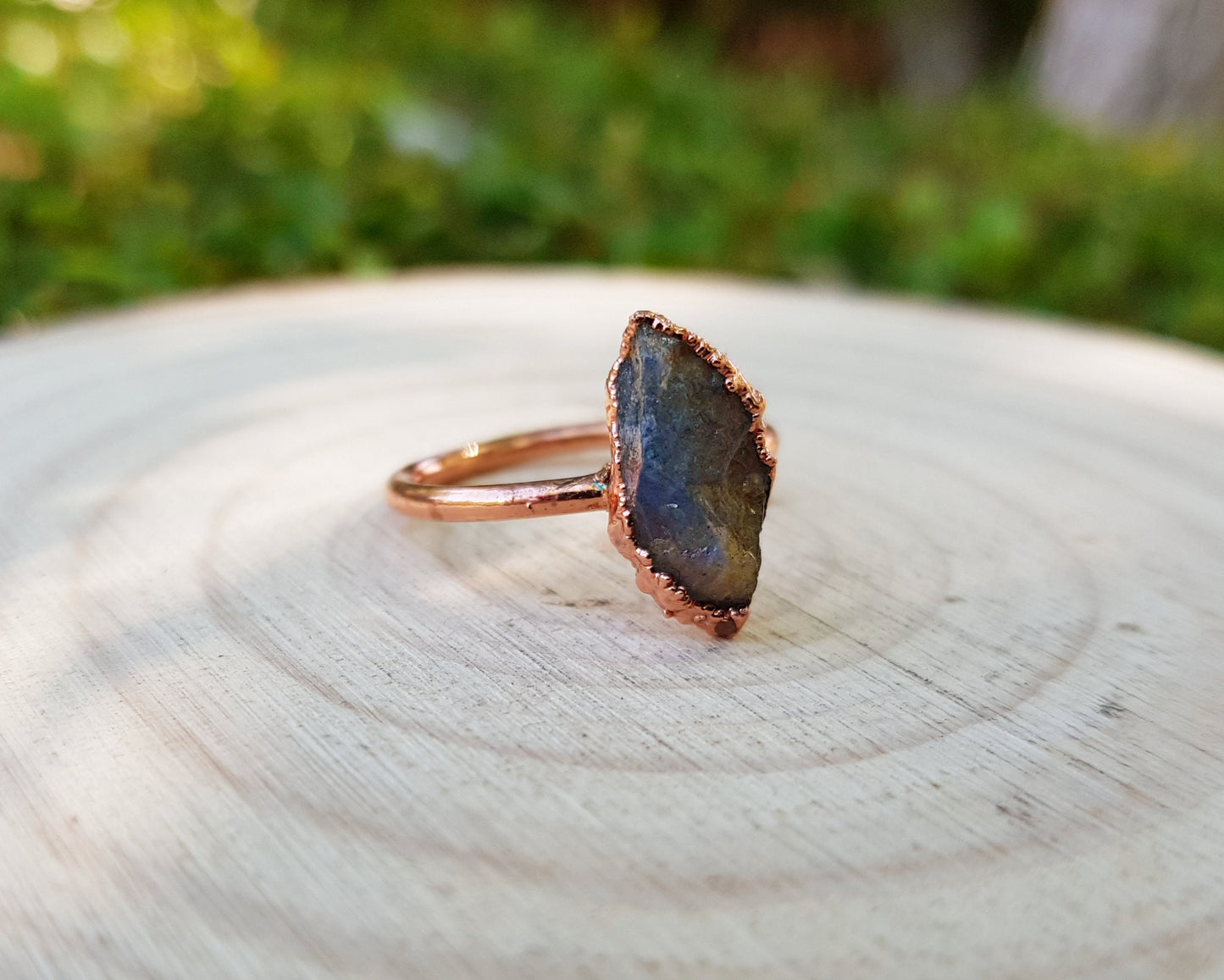 Raw Natural Labradorite Electroformed Copper Ring Size US 5 3/4 Big Statement Ring One Of A Kind Ring Crystal Ring
