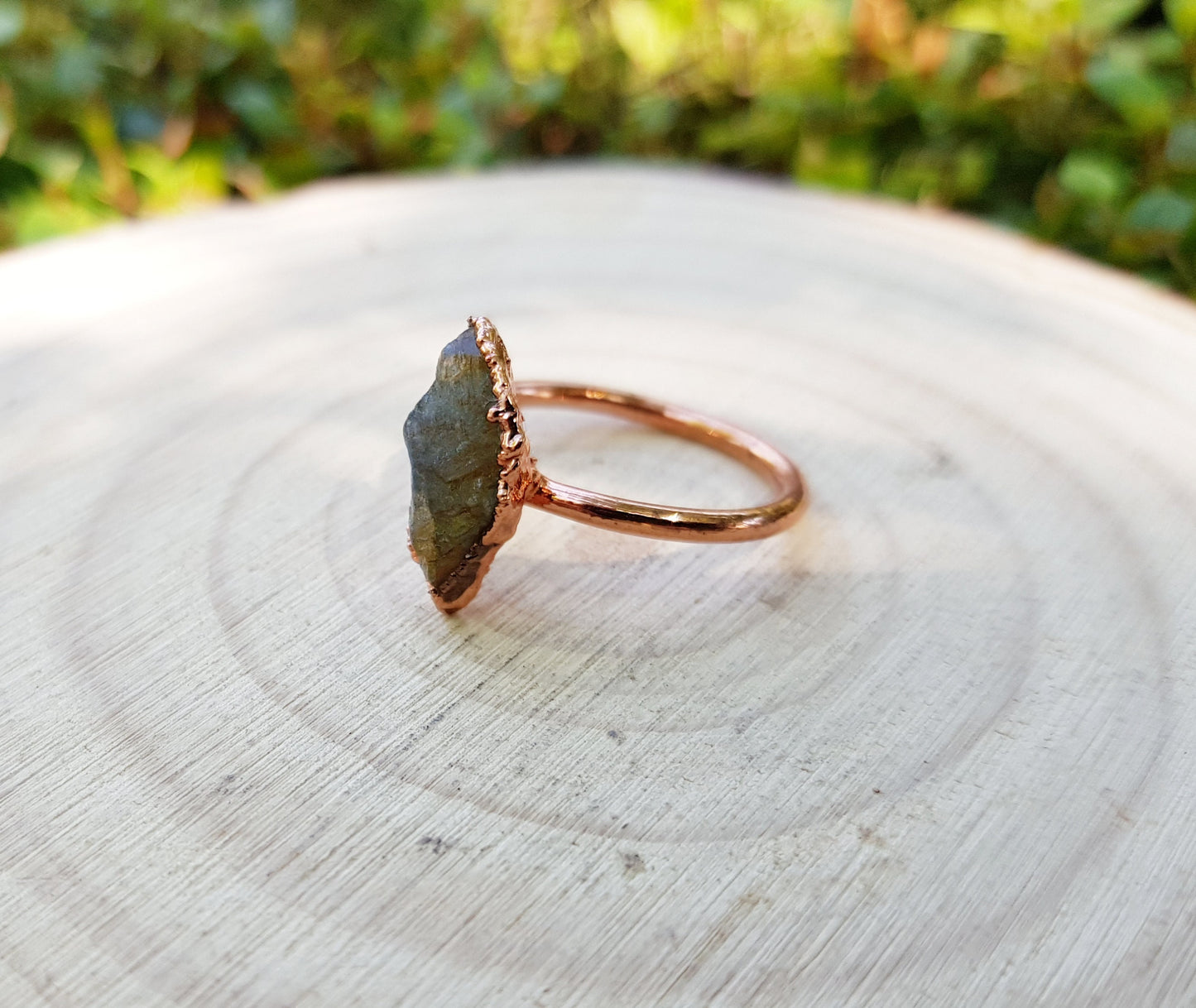 Raw Natural Labradorite Electroformed Copper Ring Size US 5 3/4 Big Statement Ring One Of A Kind Ring Crystal Ring