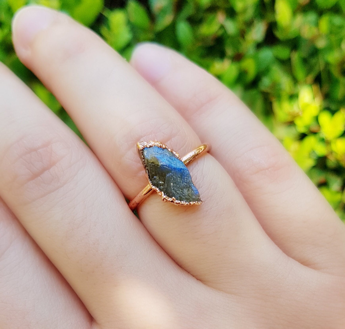 Raw Natural Labradorite Electroformed Copper Ring Size US 5 3/4 Big Statement Ring One Of A Kind Ring Crystal Ring