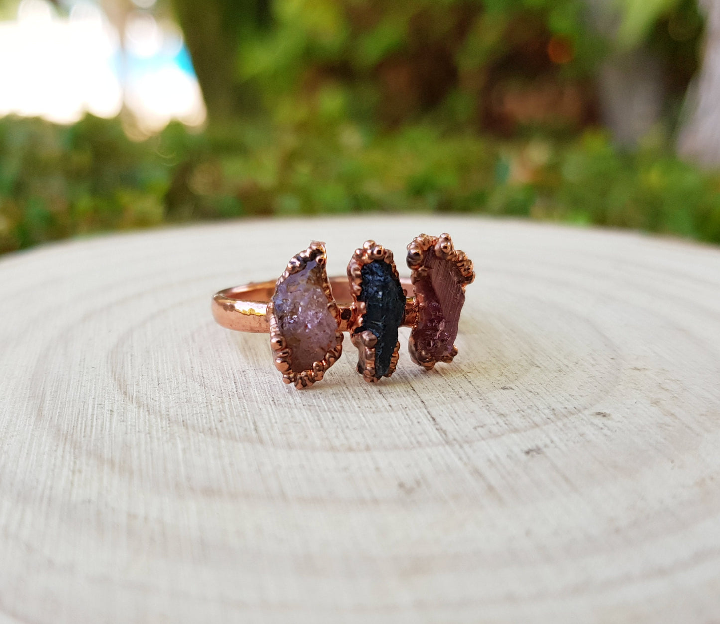 Raw Tourmaline Electroformed Copper Ring Multi Stone Stackable Ring Size US 8 1/4 Multi Stone Stacking Rings One Of A Kind Ring Crystal Ring