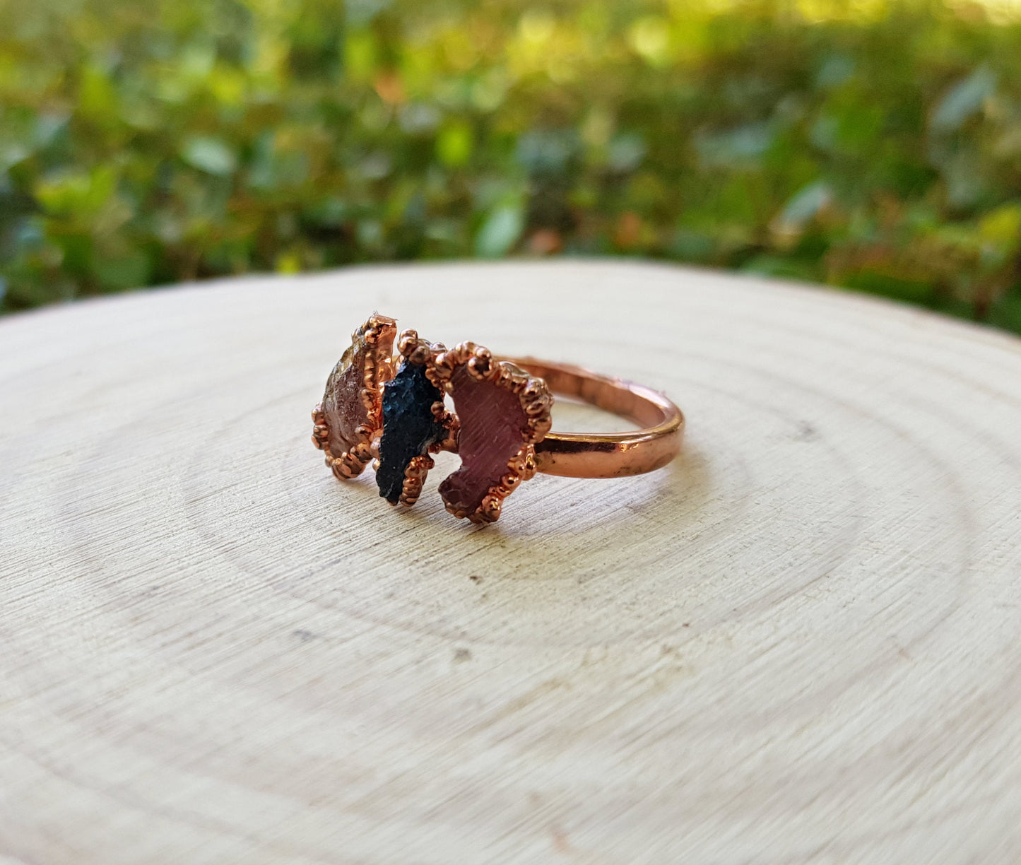 Raw Tourmaline Electroformed Copper Ring Multi Stone Stackable Ring Size US 8 1/4 Multi Stone Stacking Rings One Of A Kind Ring Crystal Ring