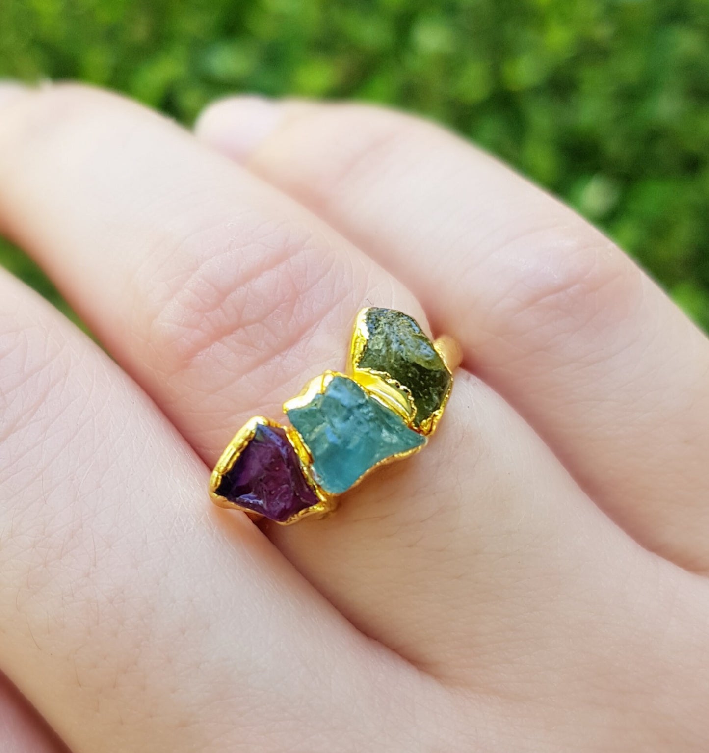 Raw Aquamarine Peridot Amethyst Ring Size US 6 1/2 Electroformed Gold Plated Ring Stackable Ring Multi Stone Stacking Rings Crystal Ring