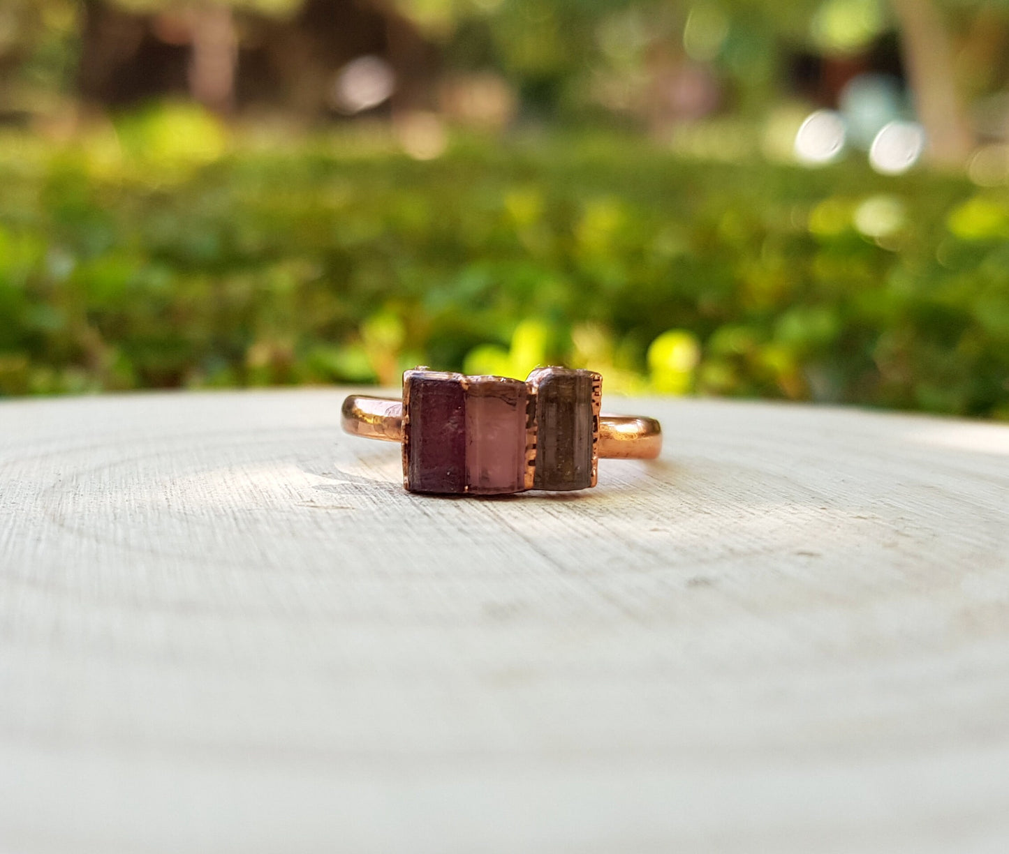 Raw Pink Tourmaline Electroformed Copper Ring Stackable Ring Size US 6 3/4 Multi Stone Stacking Rings One Of A Kind Ring Crystal Ring