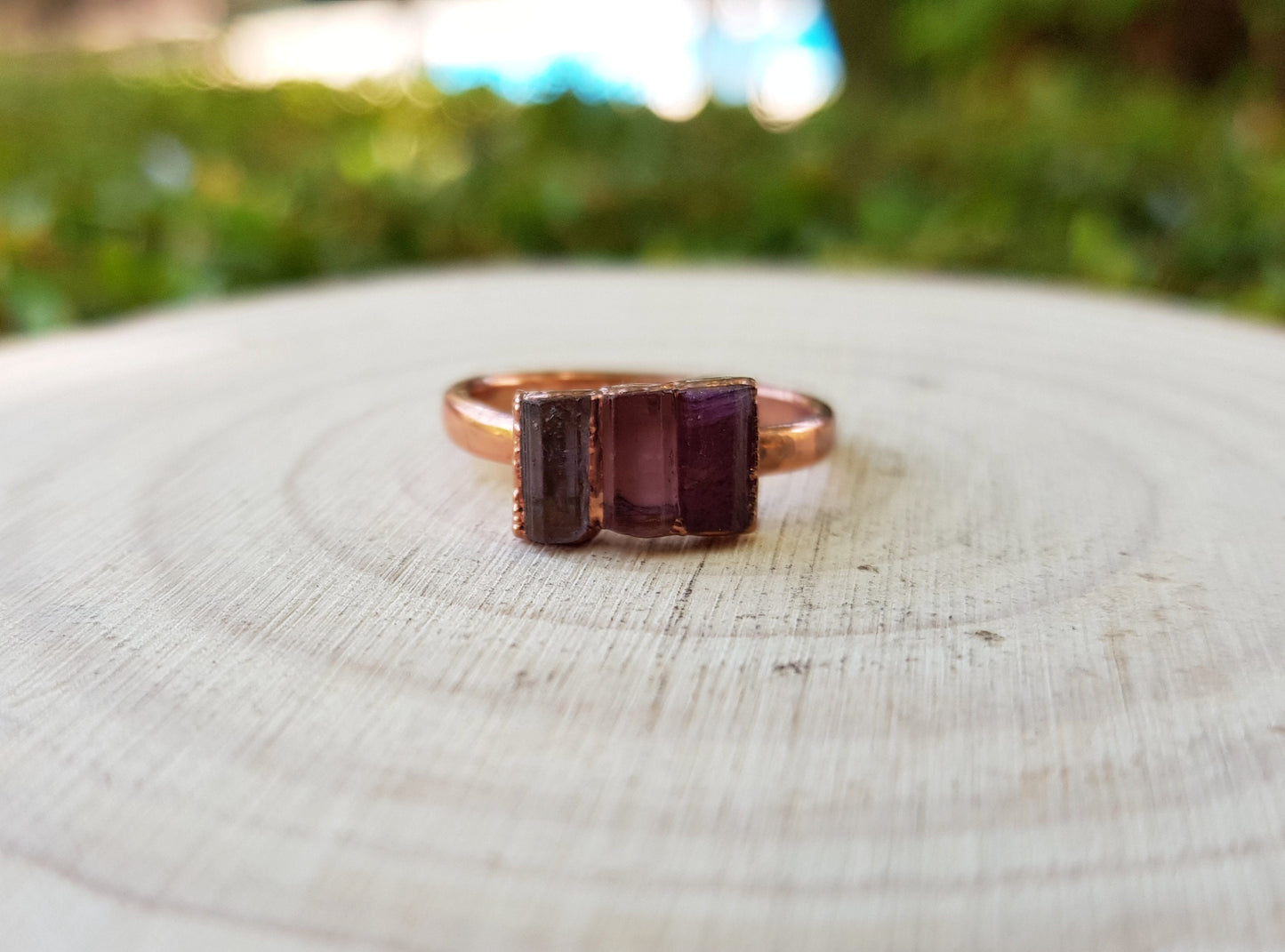 Raw Pink Tourmaline Electroformed Copper Ring Stackable Ring Size US 6 3/4 Multi Stone Stacking Rings One Of A Kind Ring Crystal Ring