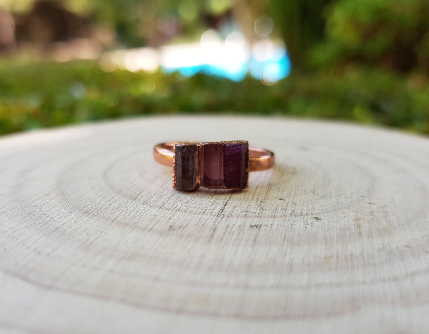 Raw Pink Tourmaline Electroformed Copper Ring Stackable Ring Size US 6 3/4 Multi Stone Stacking Rings One Of A Kind Ring Crystal Ring