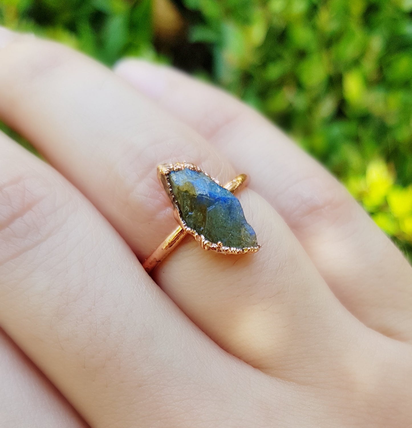 Raw Natural Labradorite Electroformed Copper Ring Size US 5 3/4 Big Statement Ring One Of A Kind Ring Crystal Ring