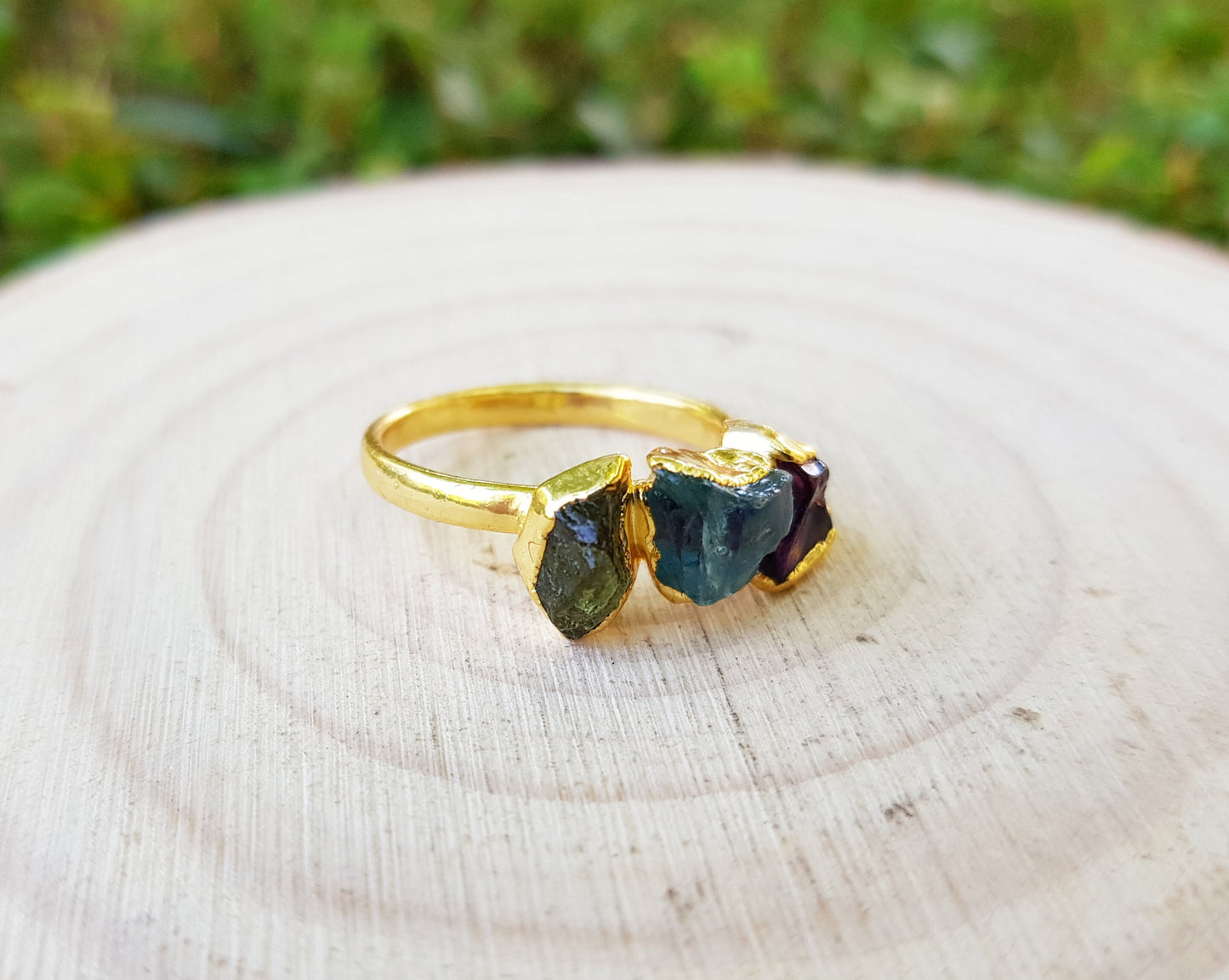 Raw Aquamarine Peridot Amethyst Ring Size US 6 1/2 Electroformed Gold Plated Ring Stackable Ring Multi Stone Stacking Rings Crystal Ring