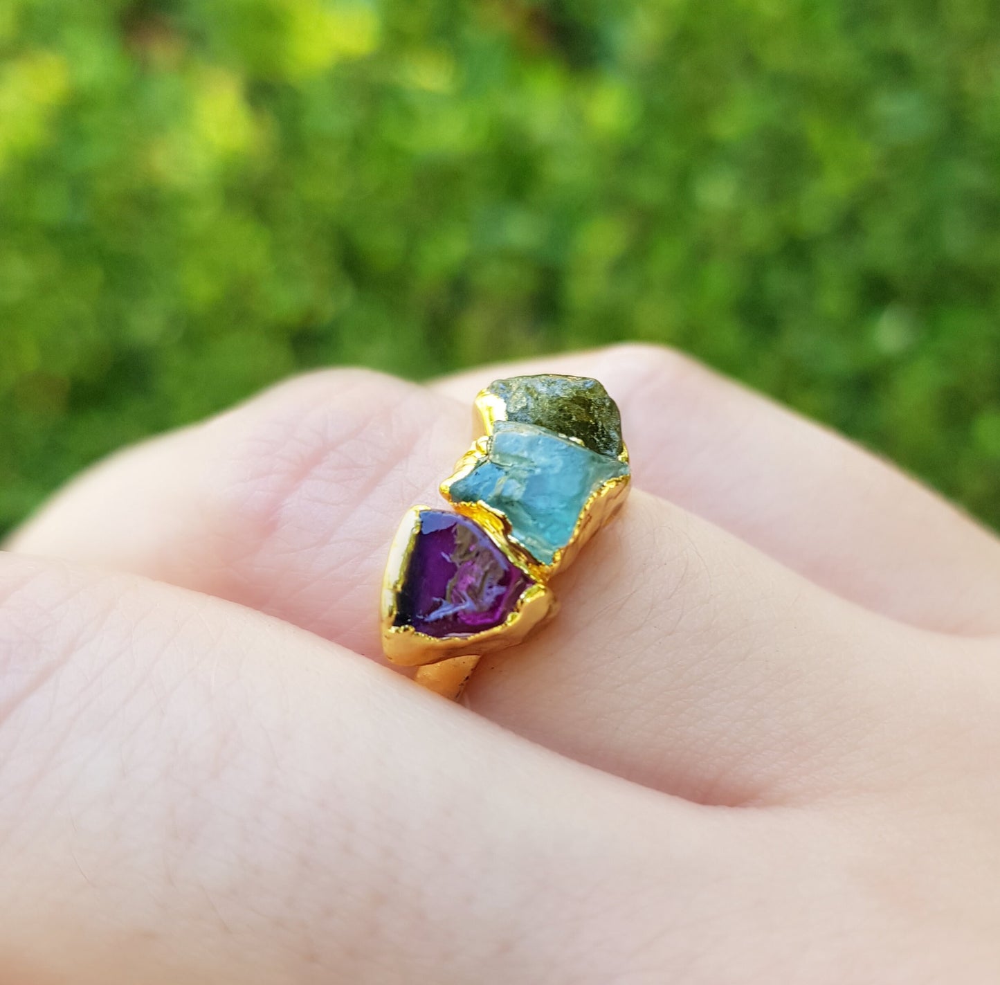 Raw Aquamarine Peridot Amethyst Ring Size US 6 1/2 Electroformed Gold Plated Ring Stackable Ring Multi Stone Stacking Rings Crystal Ring