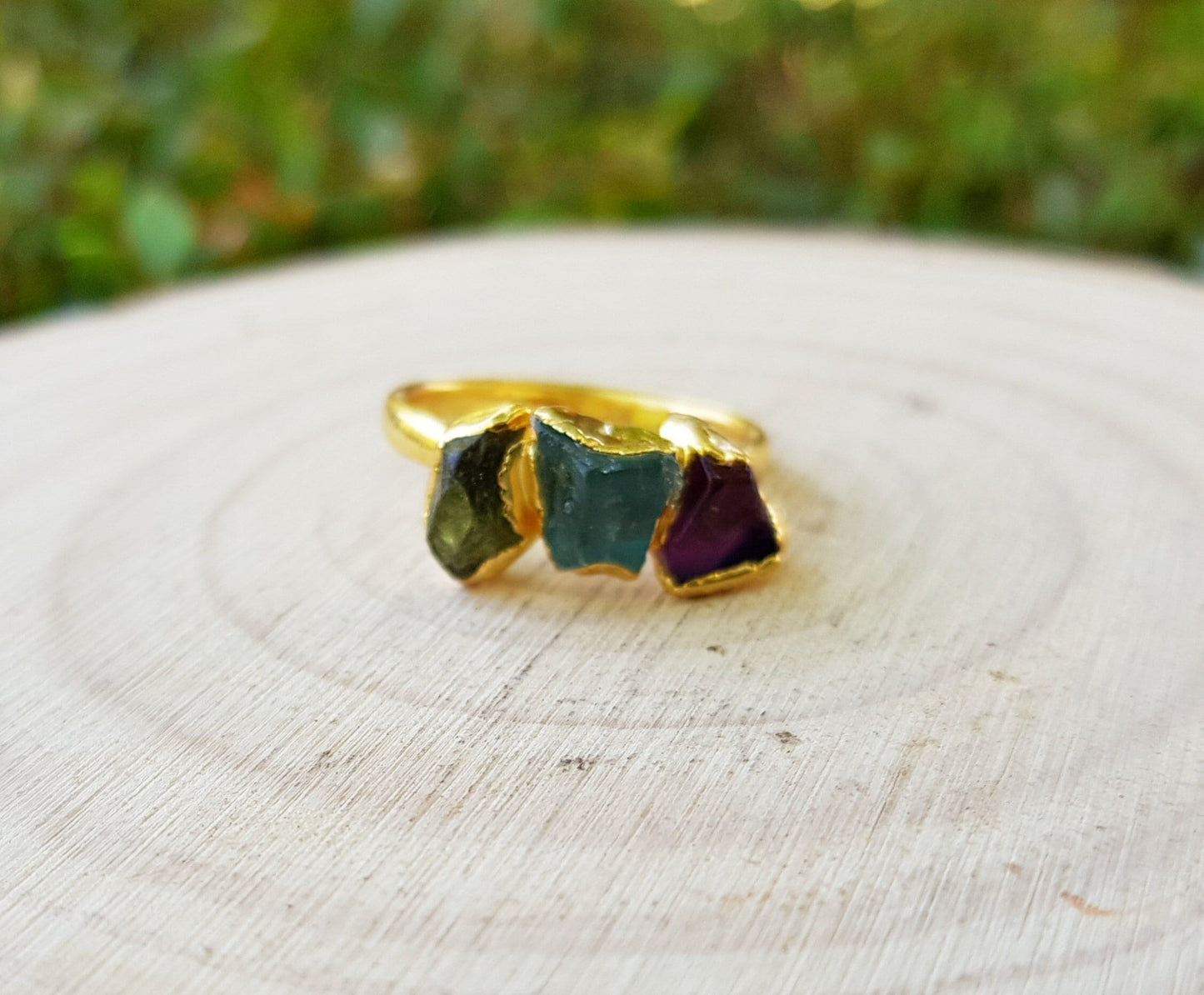 Raw Aquamarine Peridot Amethyst Ring Size US 6 1/2 Electroformed Gold Plated Ring Stackable Ring Multi Stone Stacking Rings Crystal Ring