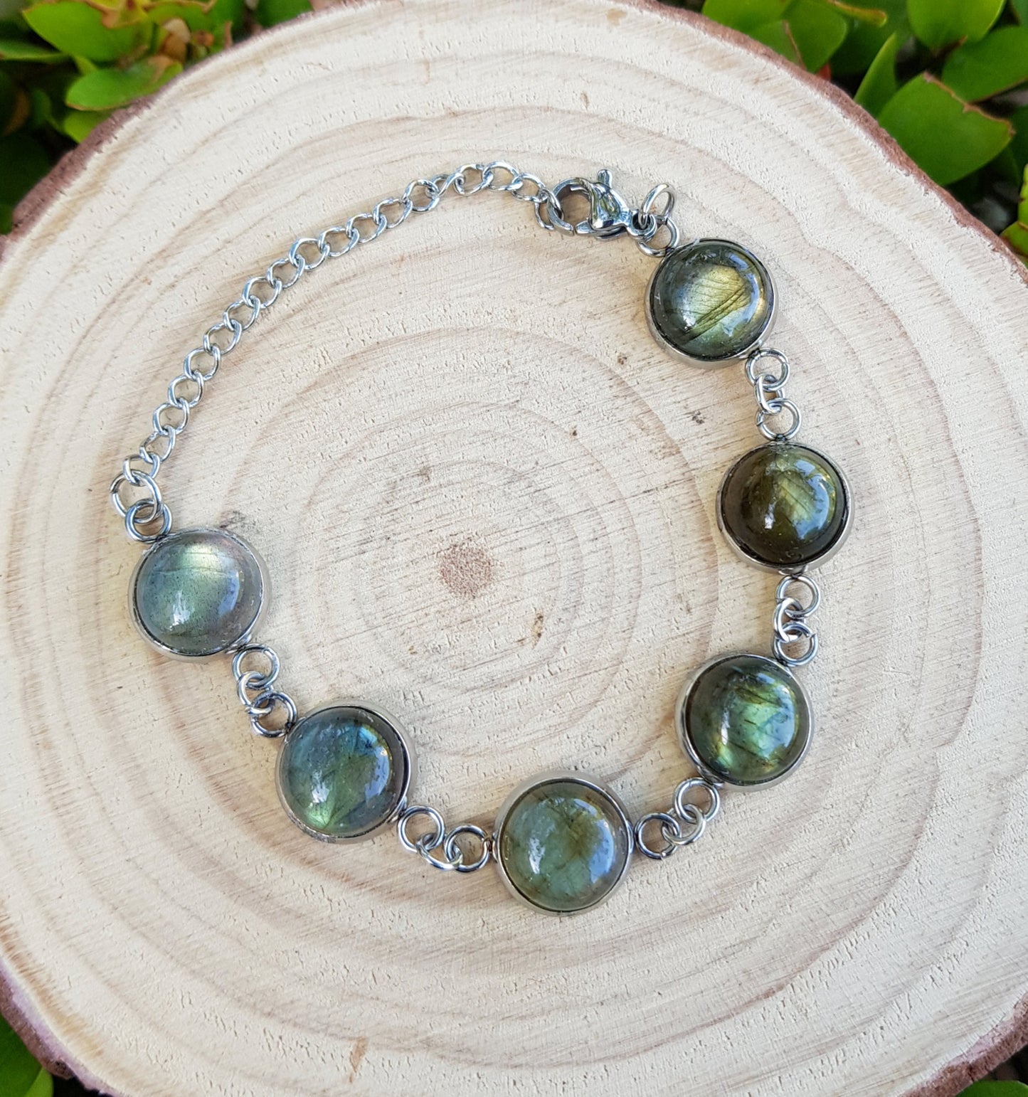 Rainbow Moonstone Labradorite Bracelet In Surgical Stainless Steel Adjustable Bracelet