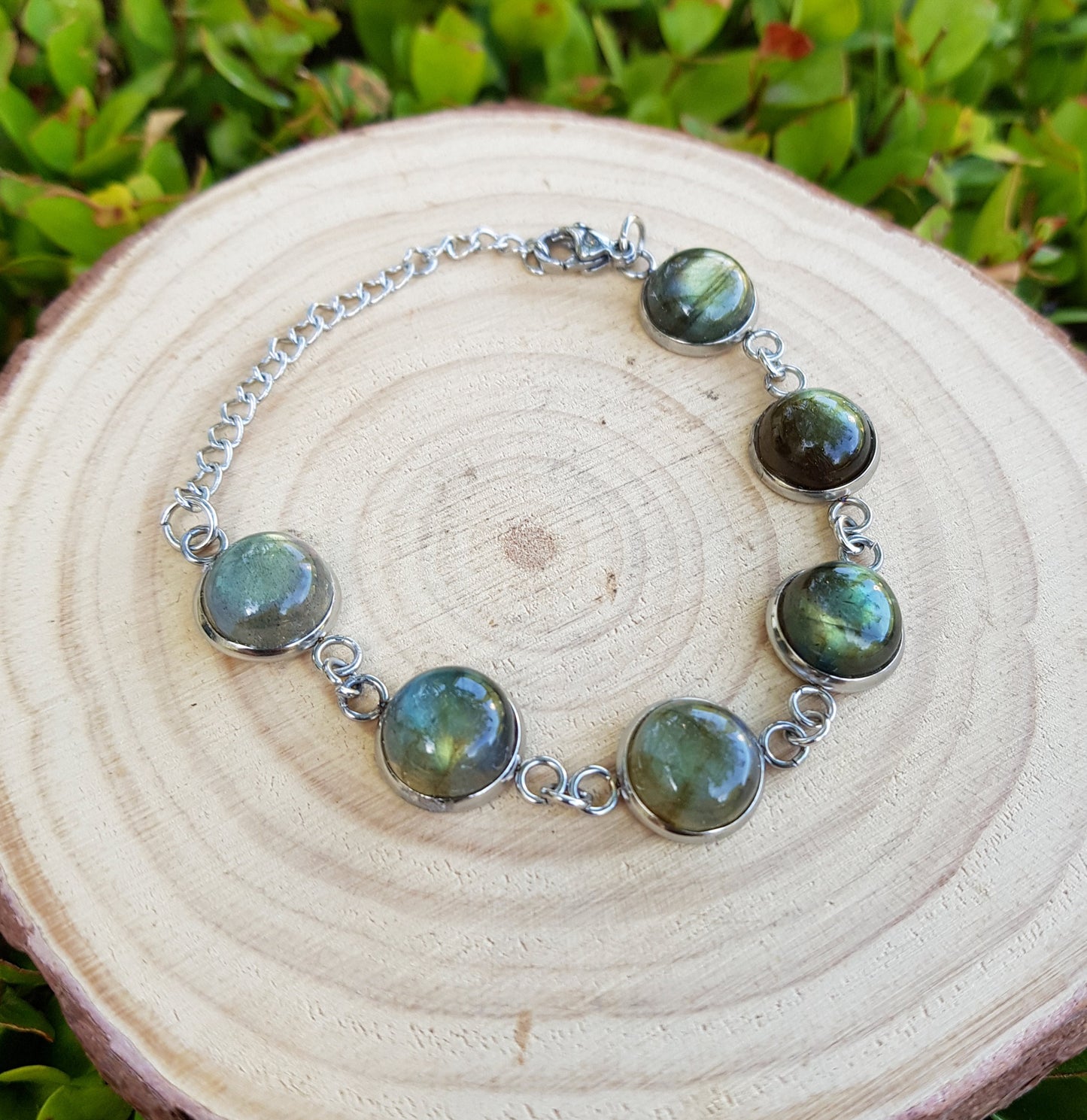 Rainbow Moonstone Labradorite Bracelet In Surgical Stainless Steel Adjustable Bracelet