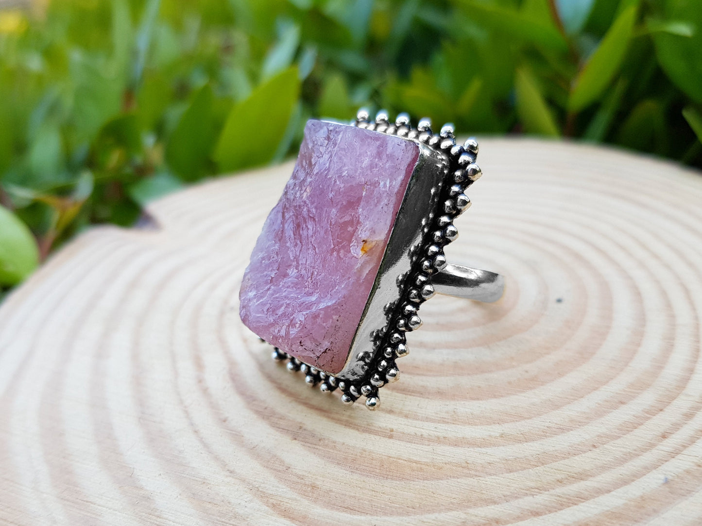 Rough Pink Rose Quartz Gemstone Ring In Sterling Silver Size US 7 3/4 Big Statement Ring