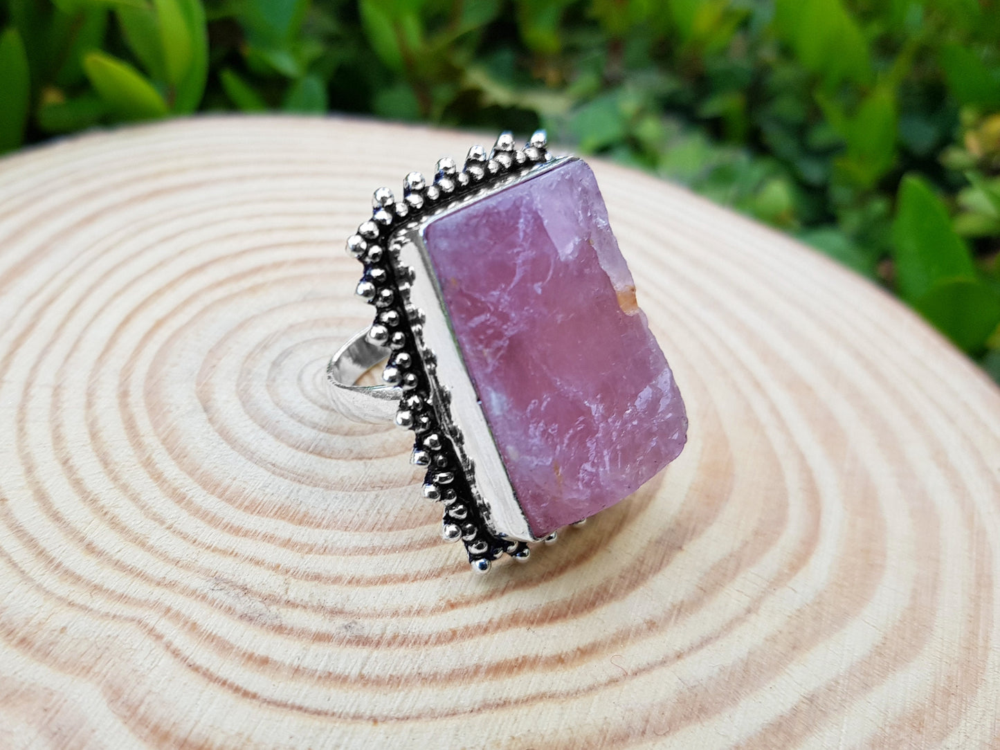 Rough Pink Rose Quartz Gemstone Ring In Sterling Silver Size US 7 3/4 Big Statement Ring