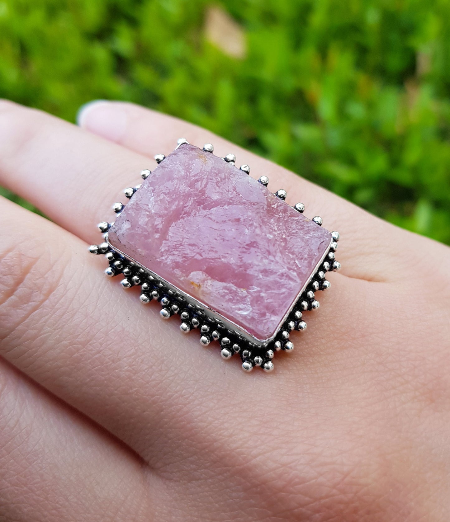 Rough Pink Rose Quartz Gemstone Ring In Sterling Silver Size US 7 3/4 Big Statement Ring