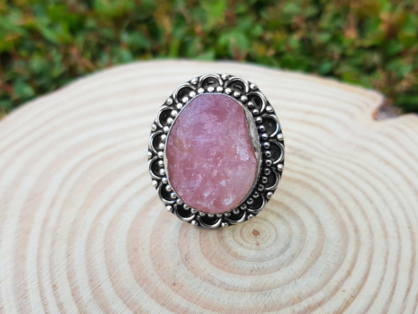 Rough Pink Rose Quartz Gemstone Ring In Sterling Silver Size US 6 1/2 Big Statement Ring