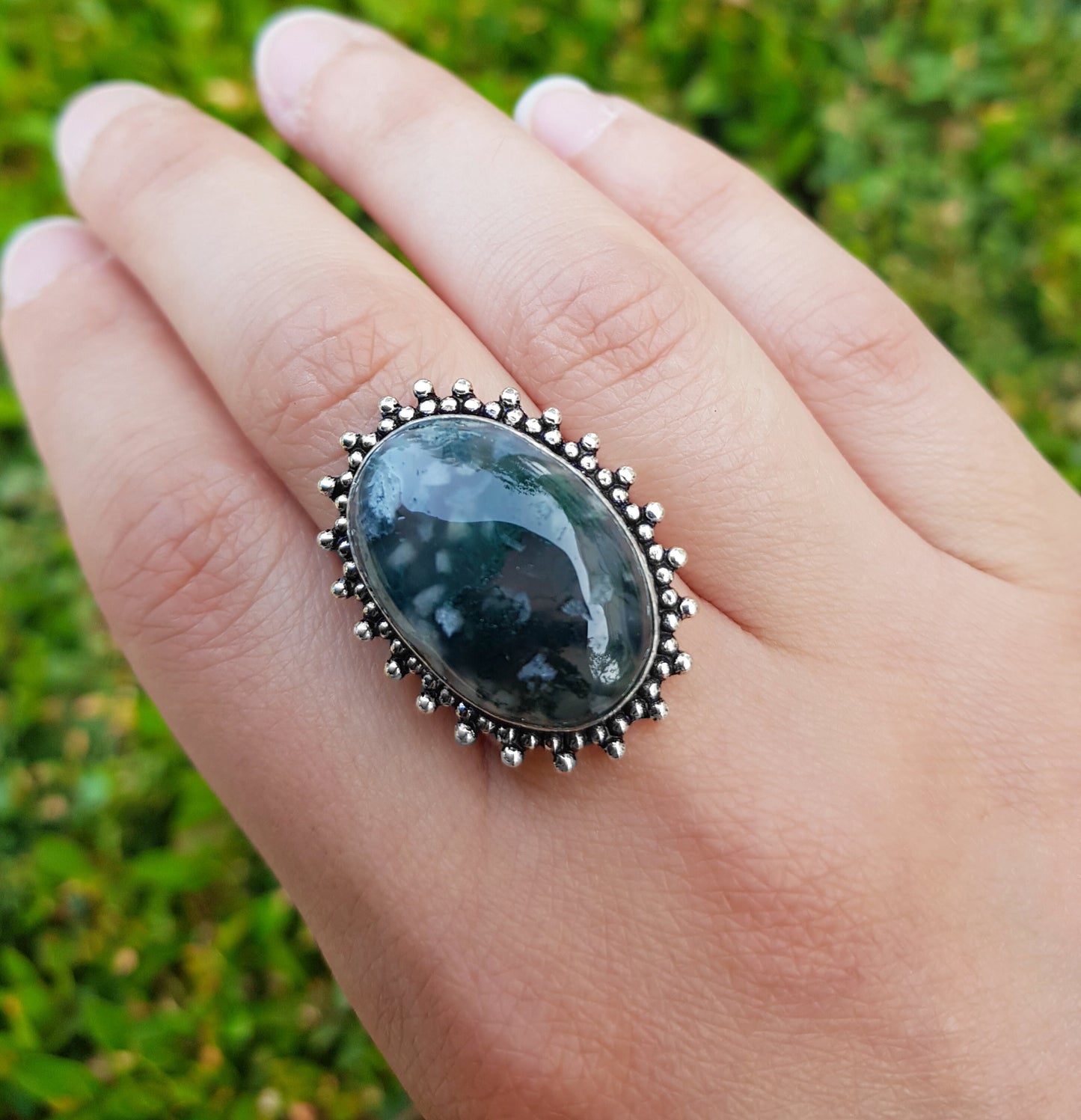 Moss Agate Ring In Sterling Silver Size US 7 1/2 Statement Ring One Of A Kind Crystal Ring