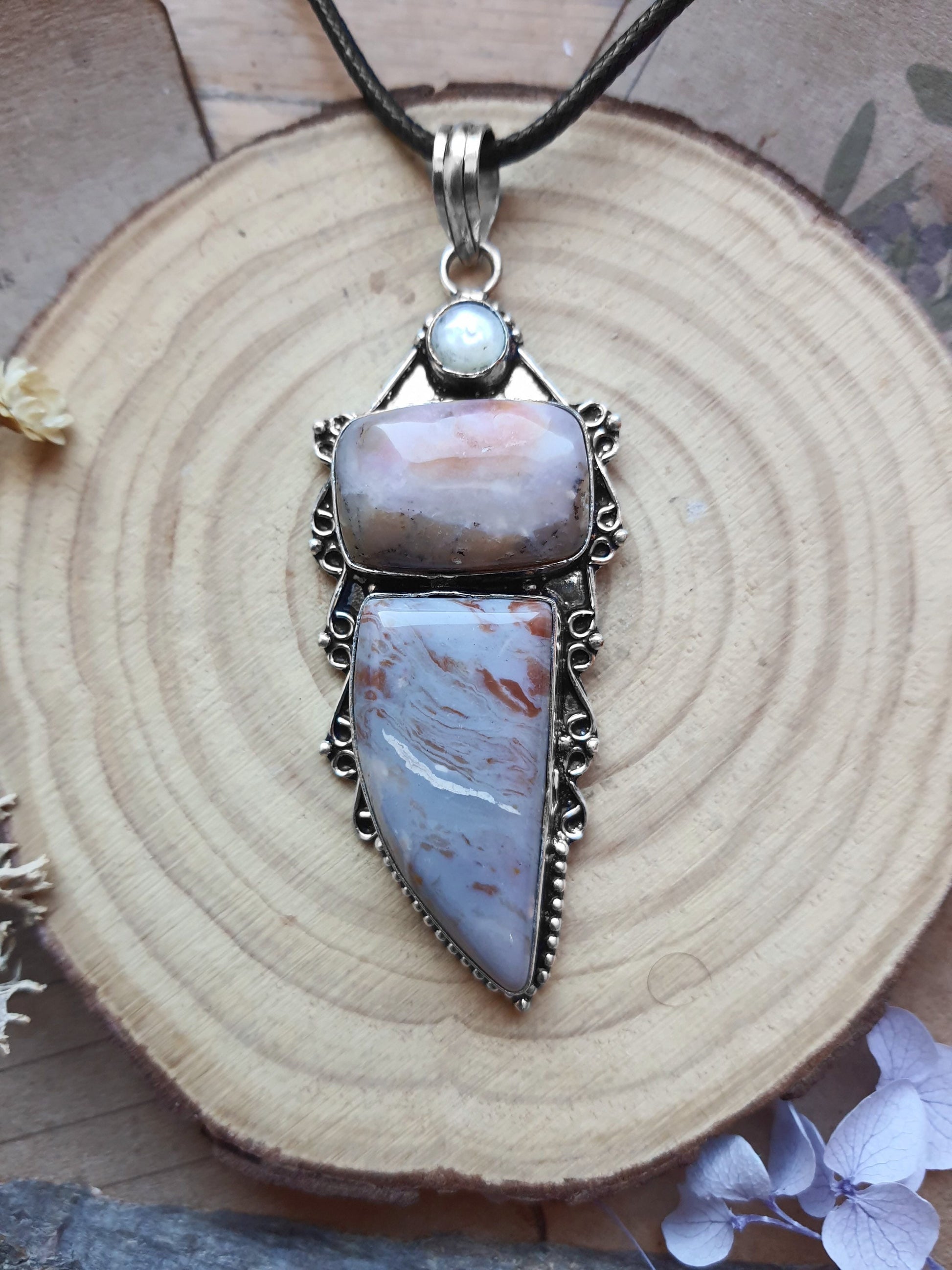 Jasper And Pearl Pendant Sterling Silver Statement Necklace Multi Stone Necklace Boho Gemstone Pendant Unique Jewelry Unique Gift For Her