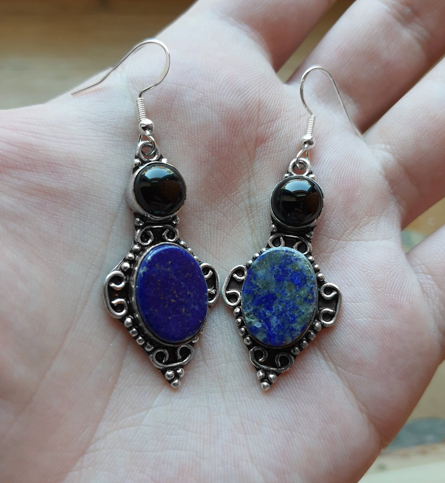 Lapis Lazuli And Onyx Dangle Earrings In Sterling Silver Boho Gemstone Earrings