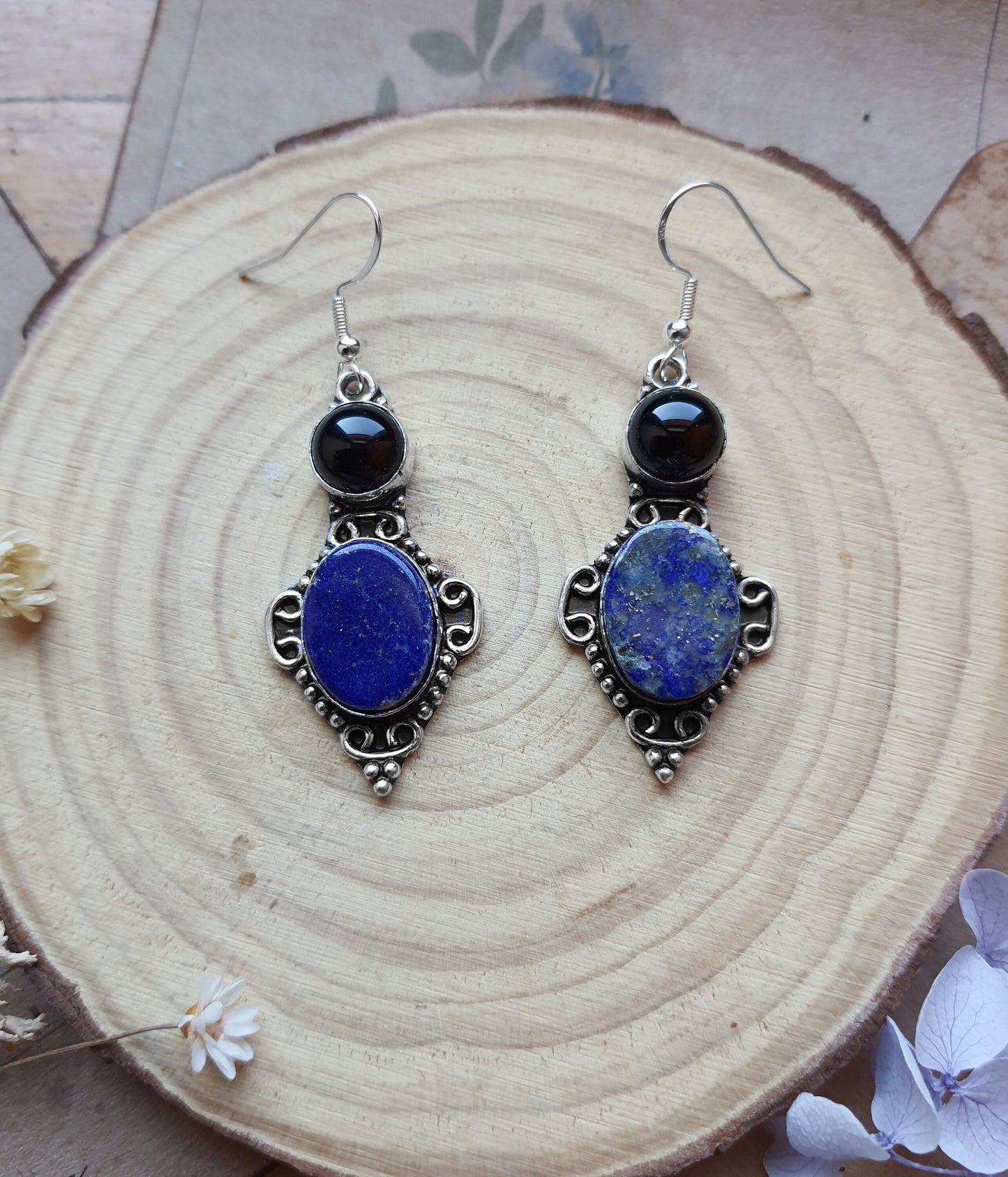 Lapis Lazuli And Onyx Dangle Earrings In Sterling Silver Boho Gemstone Earrings