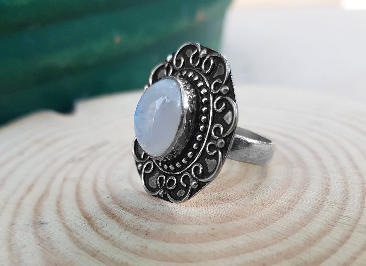Moonstone Statement Ring In Sterling Silver Boho Ring Size US 7 3/4 GypsyJewelry Unique Gift Geometric Ring