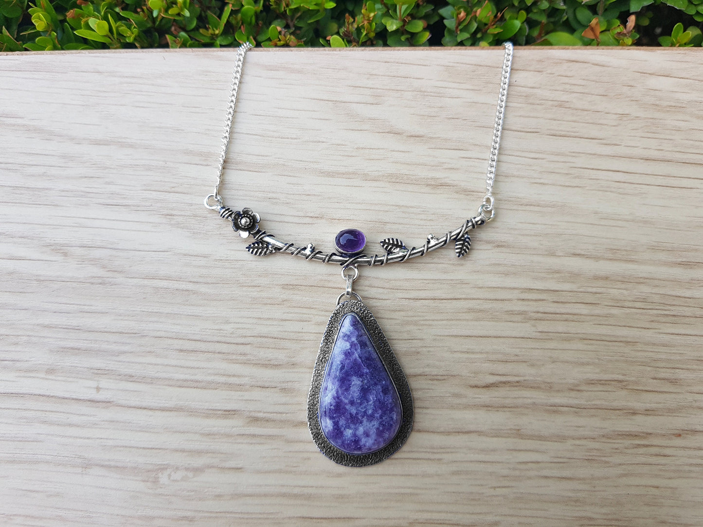 Charoite And Amethyst Necklace Tree Statement Necklace In Sterling Silver