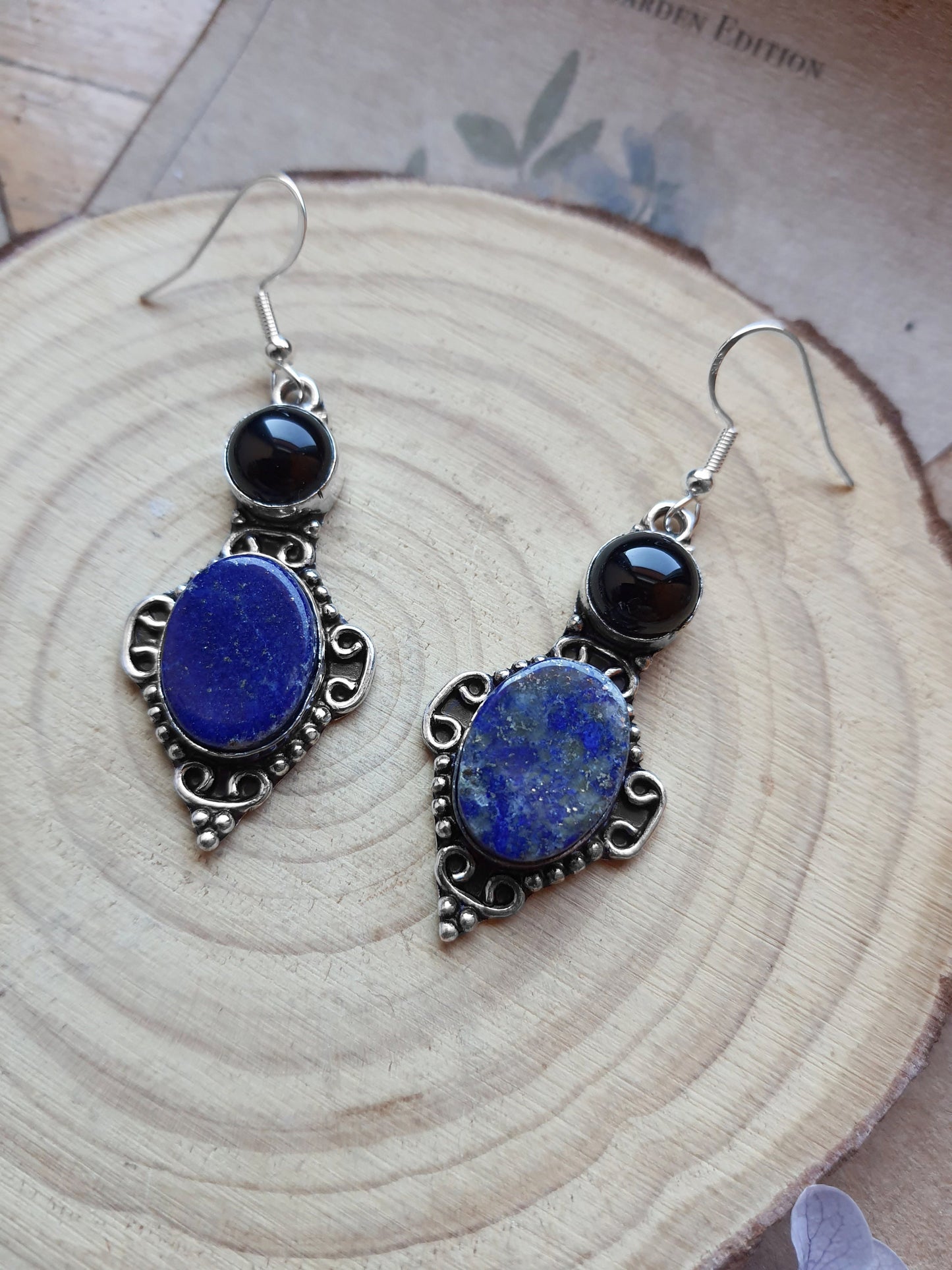Lapis Lazuli And Onyx Dangle Earrings In Sterling Silver Boho Gemstone Earrings