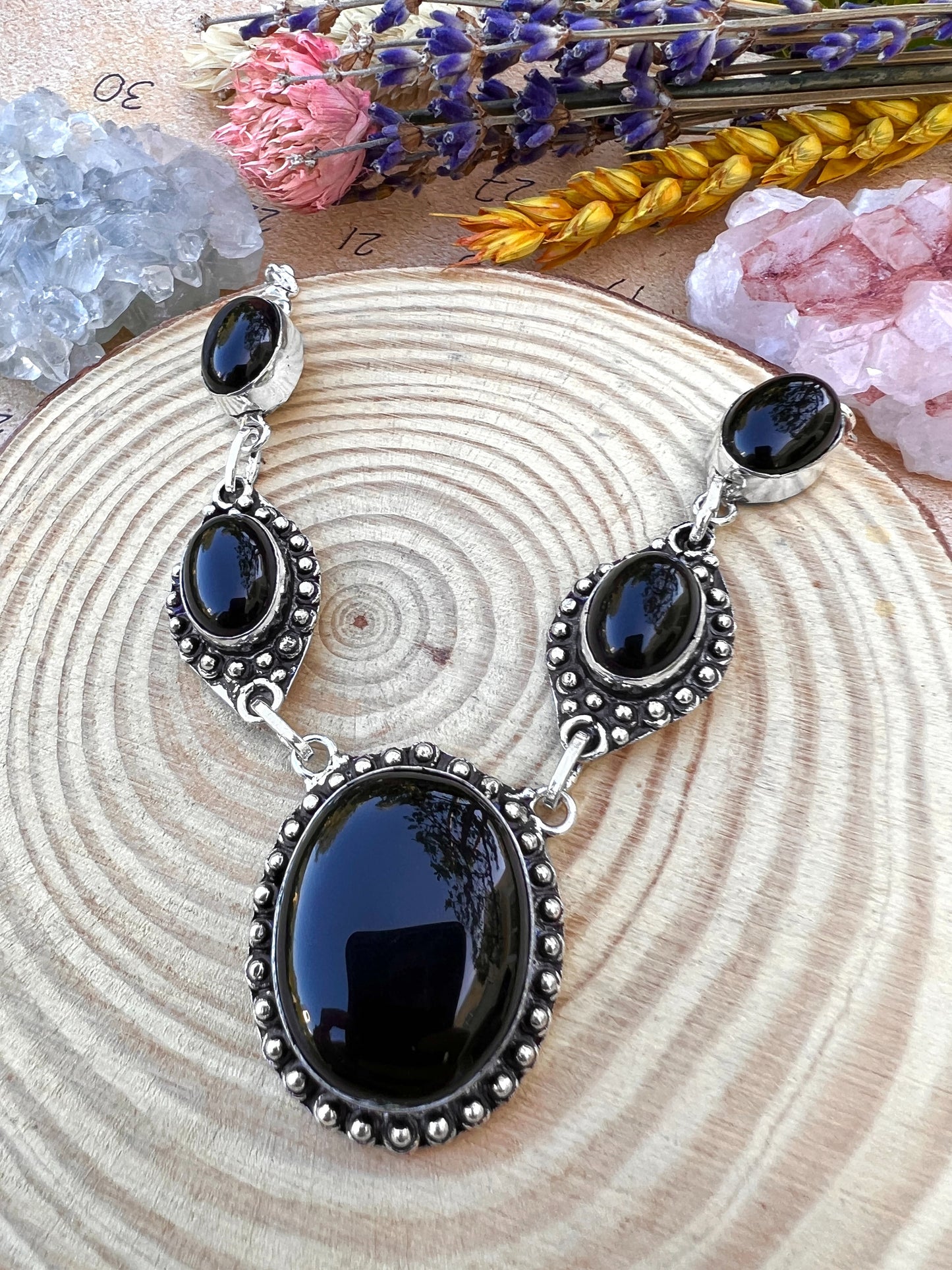 Black Onyx Multi Stone Pendant In Sterling Silver Statement Necklace Boho Gemstone Jewelry GypsyJewelry