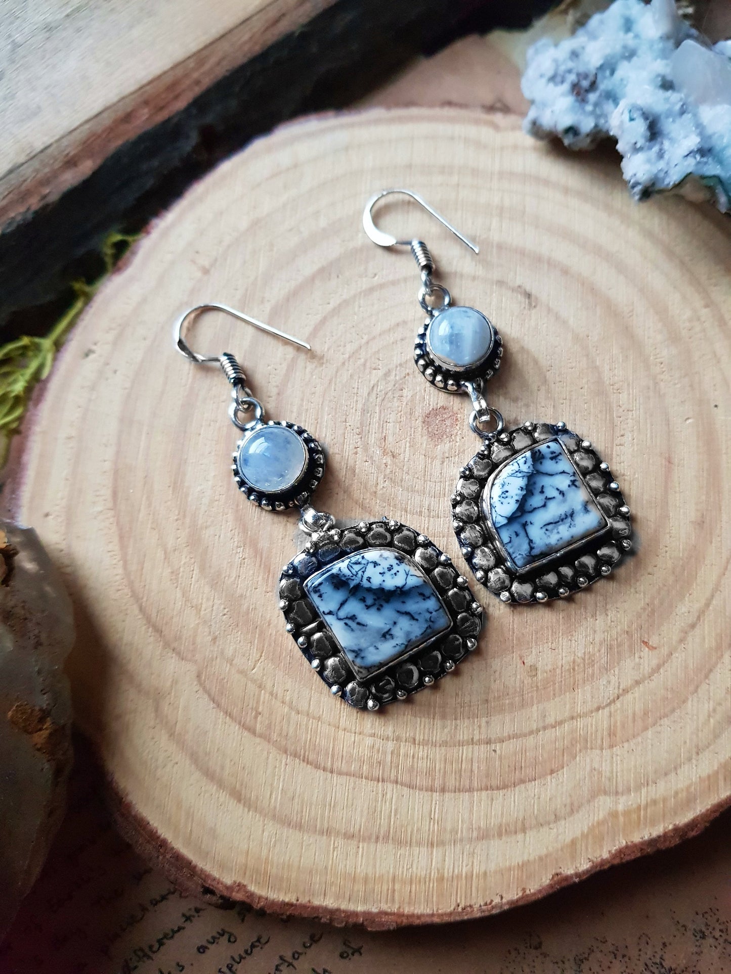 Rainbow Moonstone And Dendritic Opal Earrings In Sterling Silver Crystal Earrings